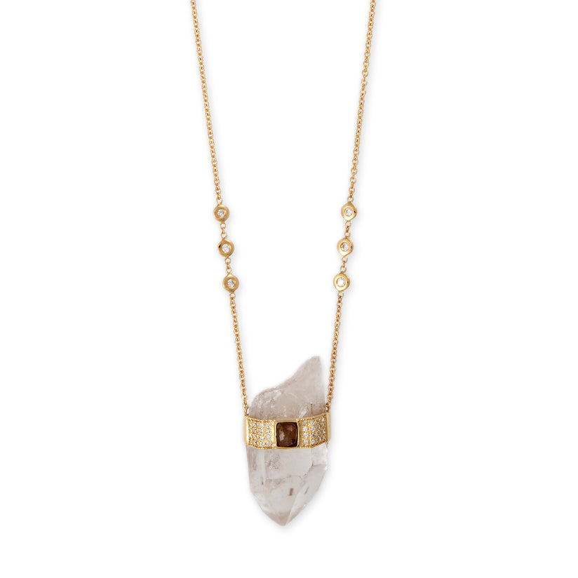 PAVE ROSE CUT DIAMOND CENTER CAP CLEAR QUARTZ CRYSTAL NECKLACE