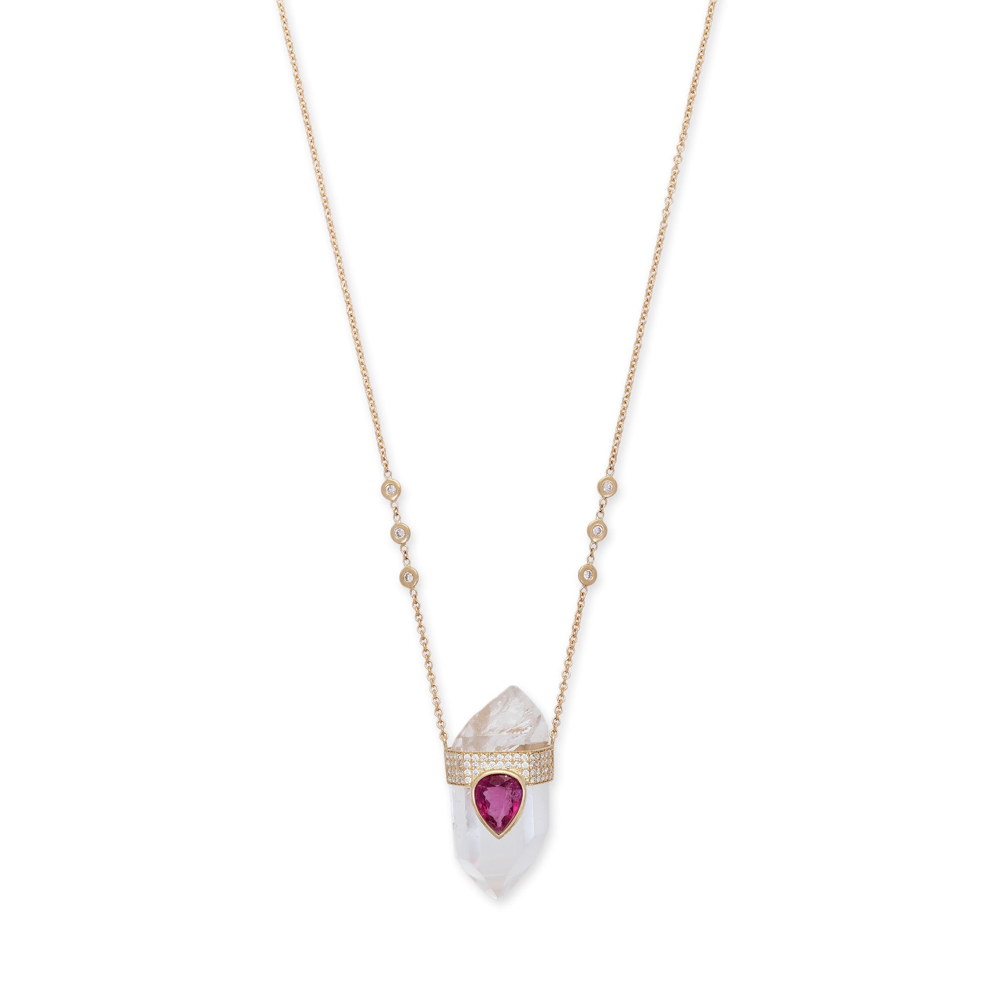 PAVE PINK TOURMALINE TEARDROP CAP + CLEAR QUARTZ CRYSTAL NECKLACE