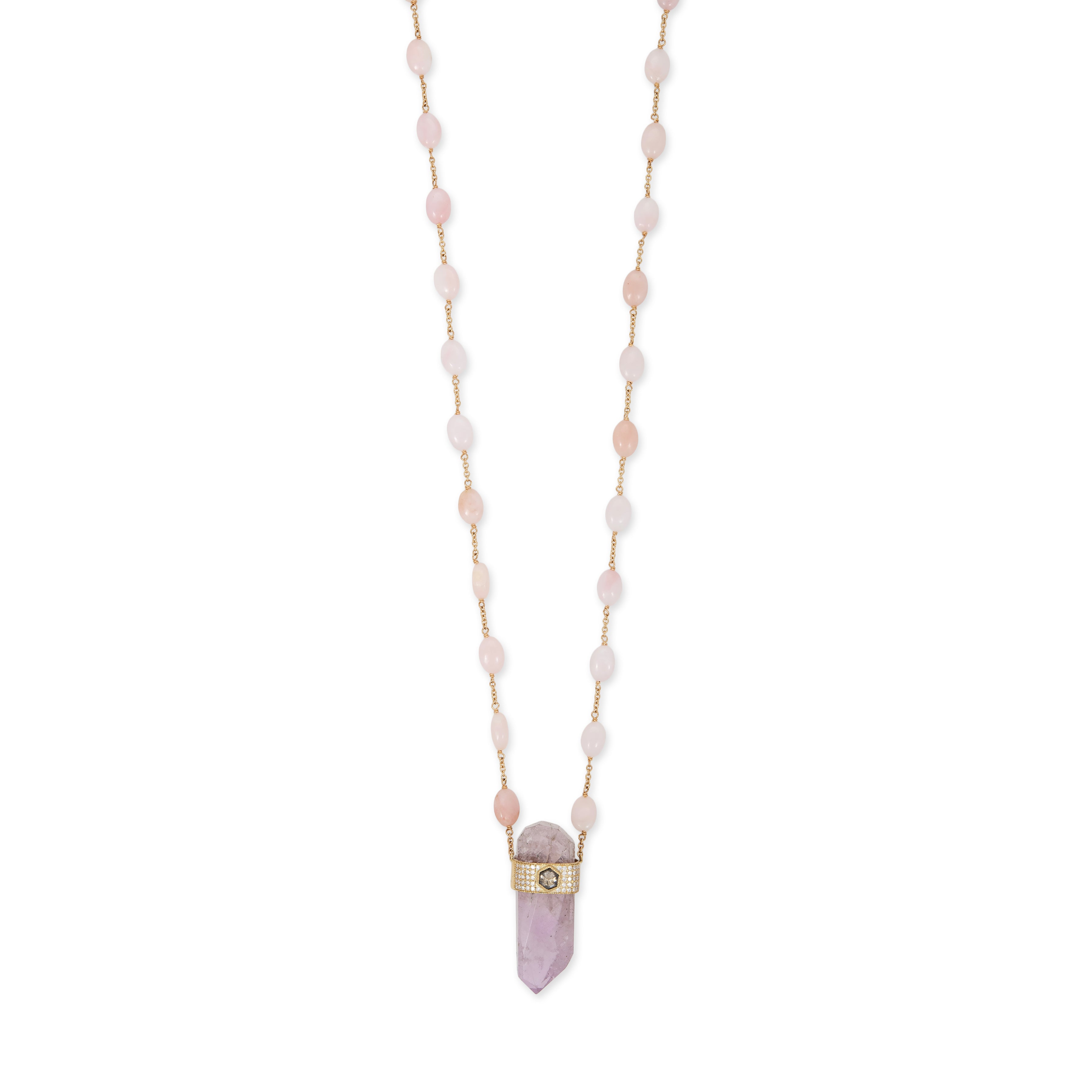 PAVE ROSE CUT DIAMOND CAP KUNZITE CRYSTAL + PINK OPAL BEAD CHAIN NECKLACE