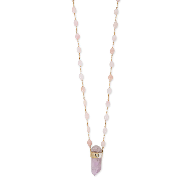 PAVE ROSE CUT DIAMOND CAP KUNZITE CRYSTAL + PINK OPAL BEAD CHAIN NECKLACE