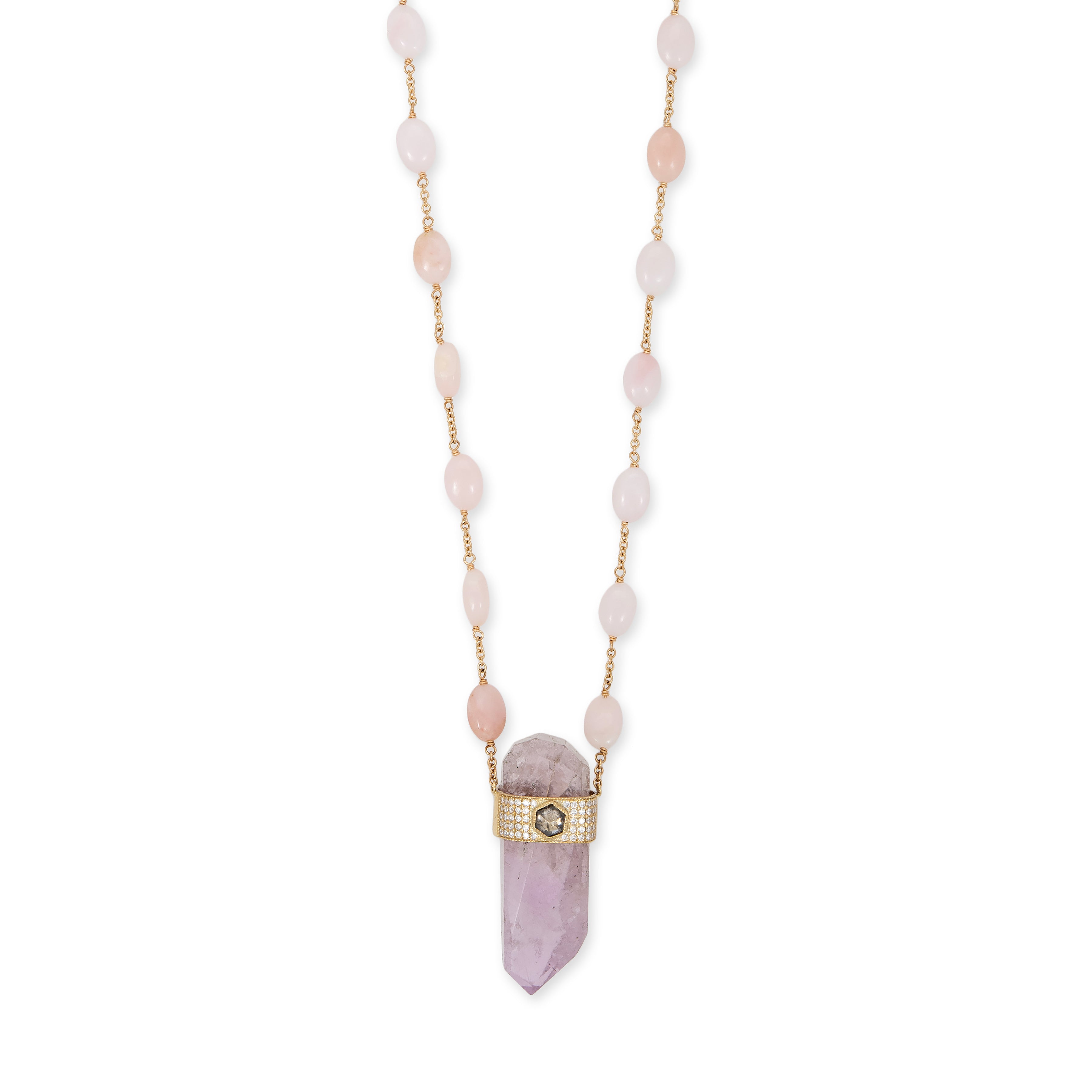 PAVE ROSE CUT DIAMOND CAP KUNZITE CRYSTAL + PINK OPAL BEAD CHAIN NECKLACE