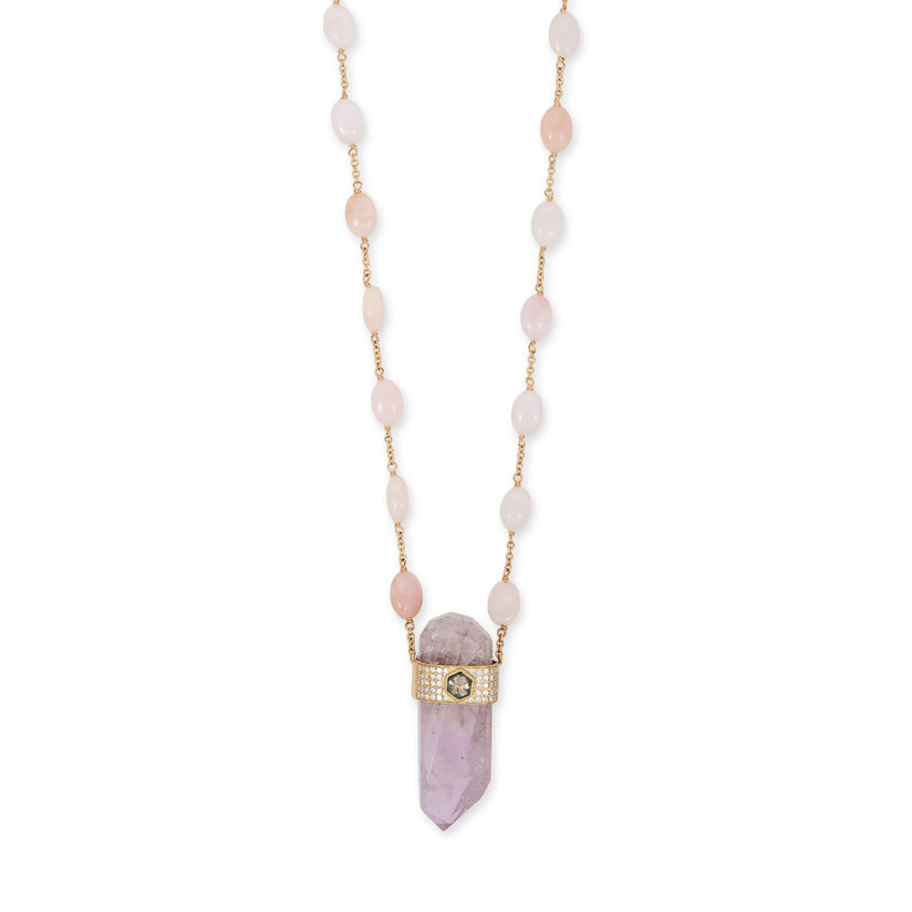 PAVE ROSE CUT DIAMOND CAP KUNZITE CRYSTAL + PINK OPAL BEAD CHAIN NECKLACE