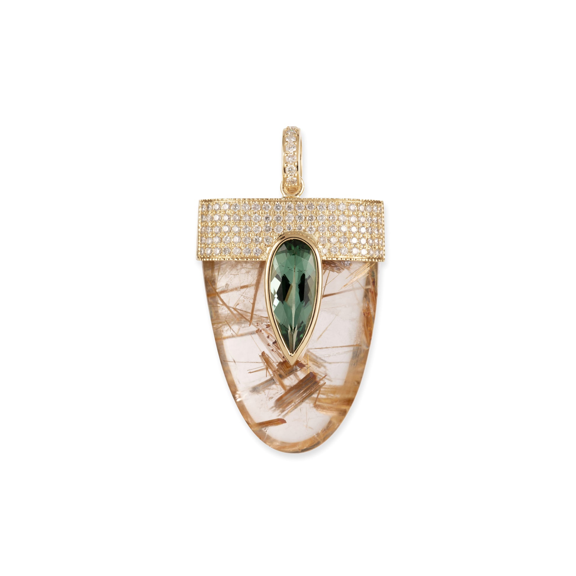 PAVE GREEN TOURMALINE TEARDROP CAP + RUTILATED QUARTZ CHARM