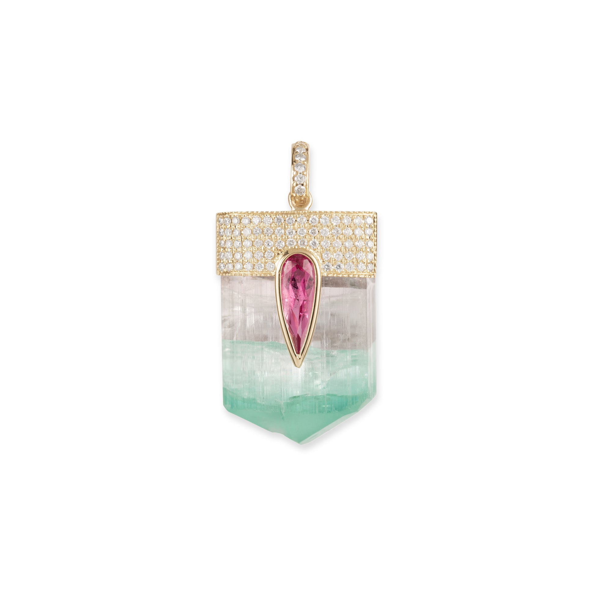 Large Pave Pink Tourmaline Teardrop Cap + Watermelon Tourmaline Crystal Charm