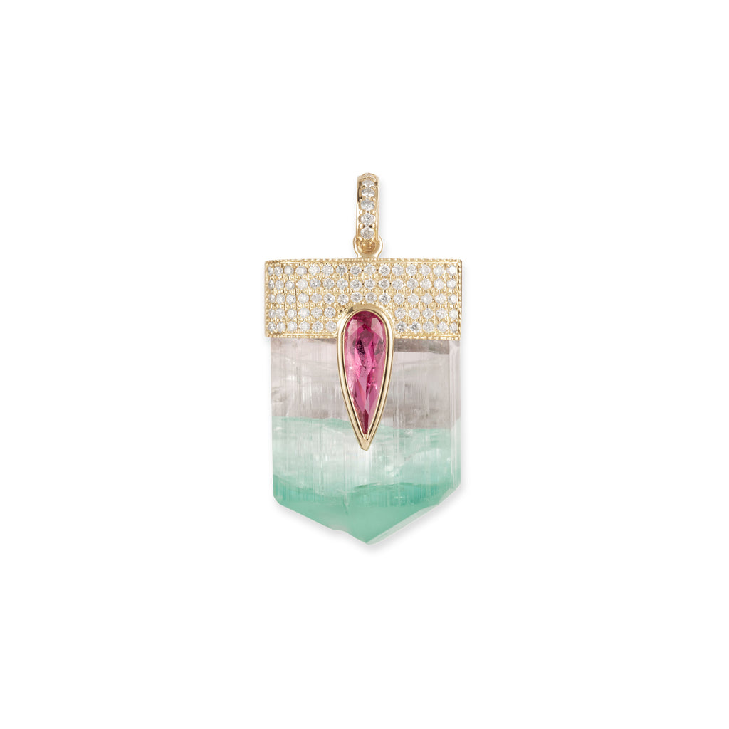 LARGE PAVE PINK TOURMALINE TEARDROP CAP + WATERMELON TOURMALINE CRYSTAL CHARM
