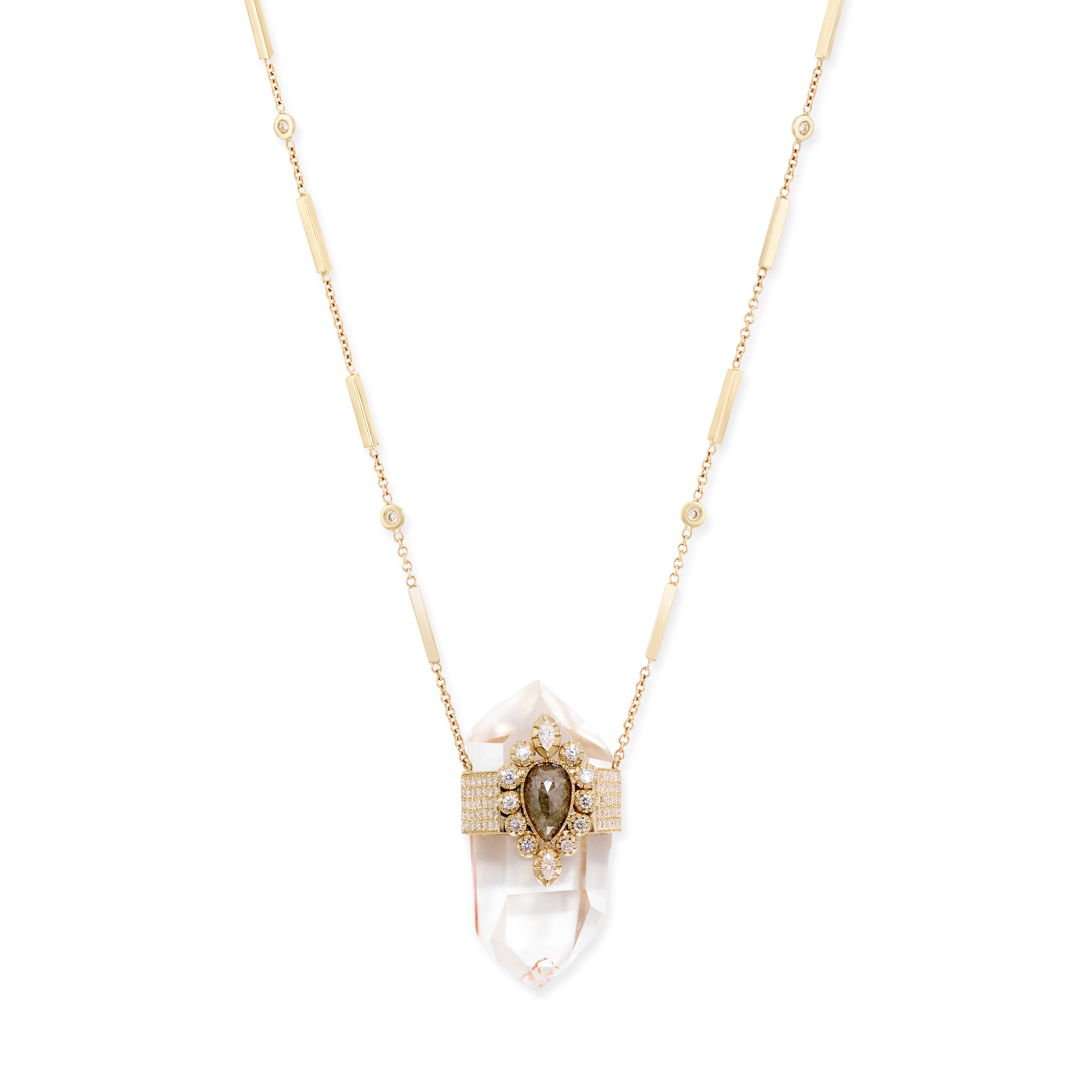 PAVE SOPHIA DIAMOND CAP CLEAR QUARTZ CRYSTAL NECKLACE