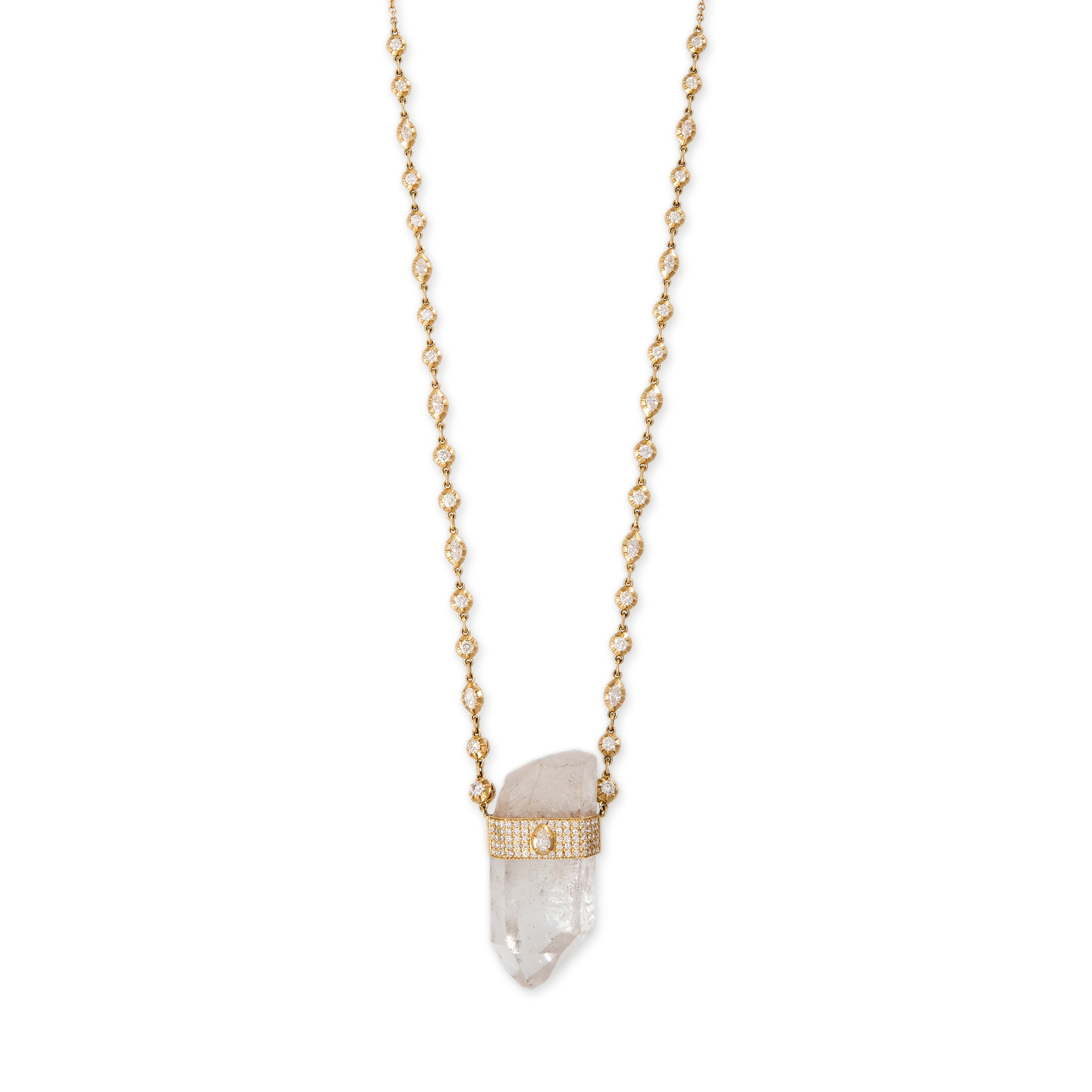 PAVE RAW CLEAR QUARTZ CRYSTAL ON ROUND + MARQUISE SOPHIA DIAMOND CHAIN NECKLACE