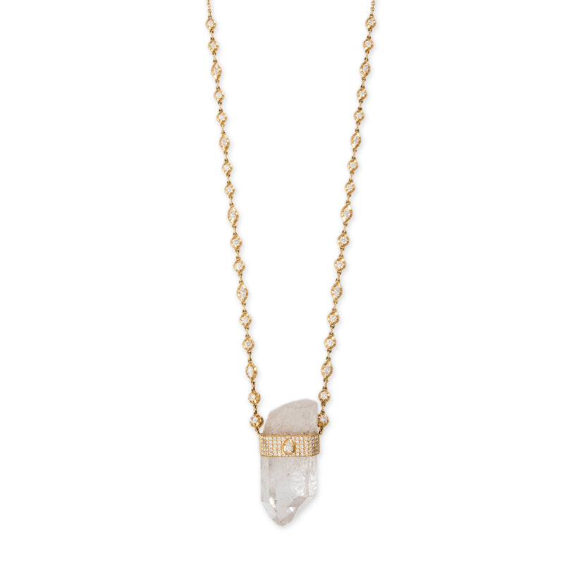 PAVE RAW CLEAR QUARTZ CRYSTAL ON ROUND + MARQUISE SOPHIA DIAMOND CHAIN NECKLACE