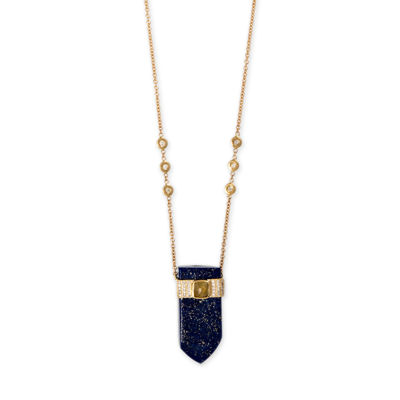 PAVE ROSE CUT DIAMOND CENTER CAP LAPIS POINTED CRYSTAL NECKLACE