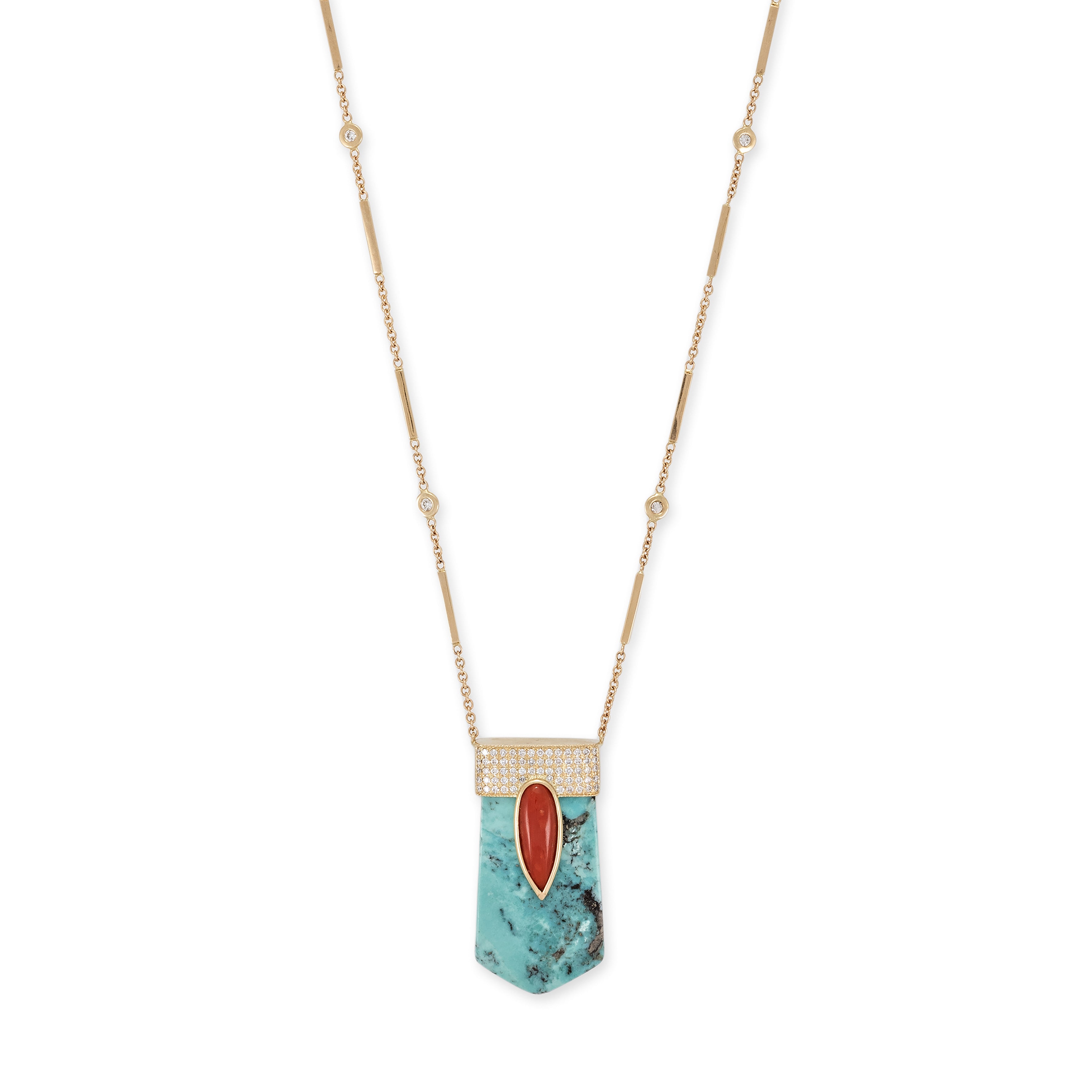 PAVE CORAL TEARDROP CAP + TURQUOISE CRYSTAL NECKLACE