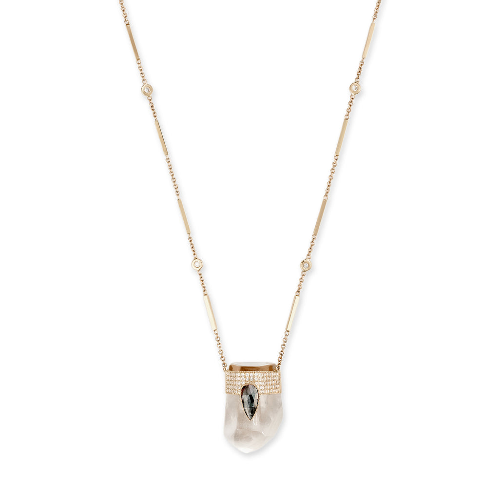 Pavé Teardrop Raw Diamond Cap + Faceted Clear Quartz Crystal Necklace