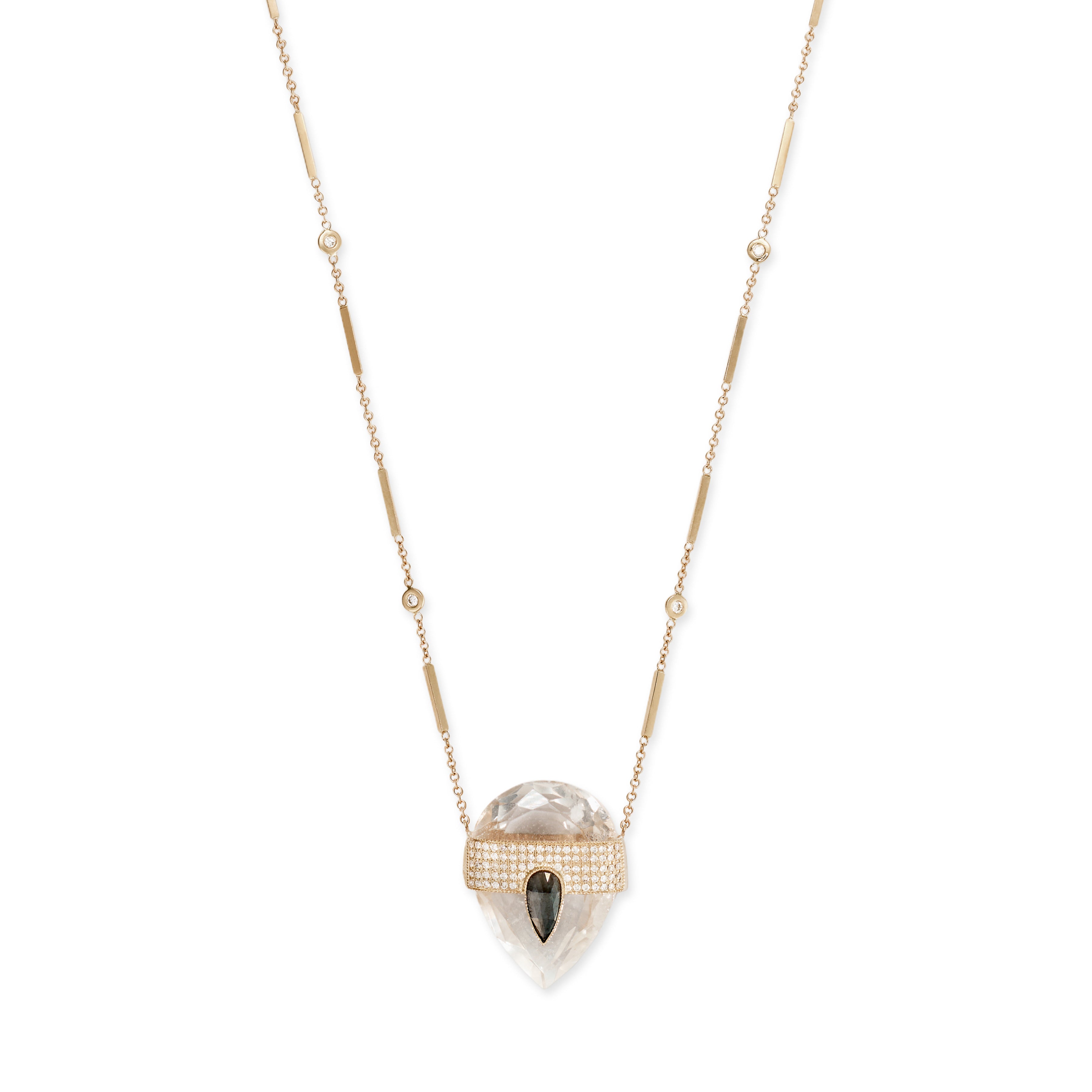 PAVE TEARDROP RAW DIAMOND CAP + FACETED CLEAR QUARTZ TEARDROP CRYSTAL NECKLACE