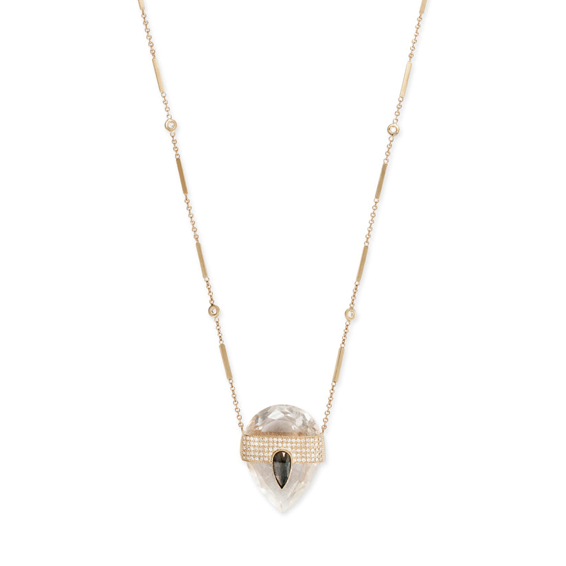 PAVE TEARDROP RAW DIAMOND CAP + FACETED CLEAR QUARTZ TEARDROP CRYSTAL NECKLACE