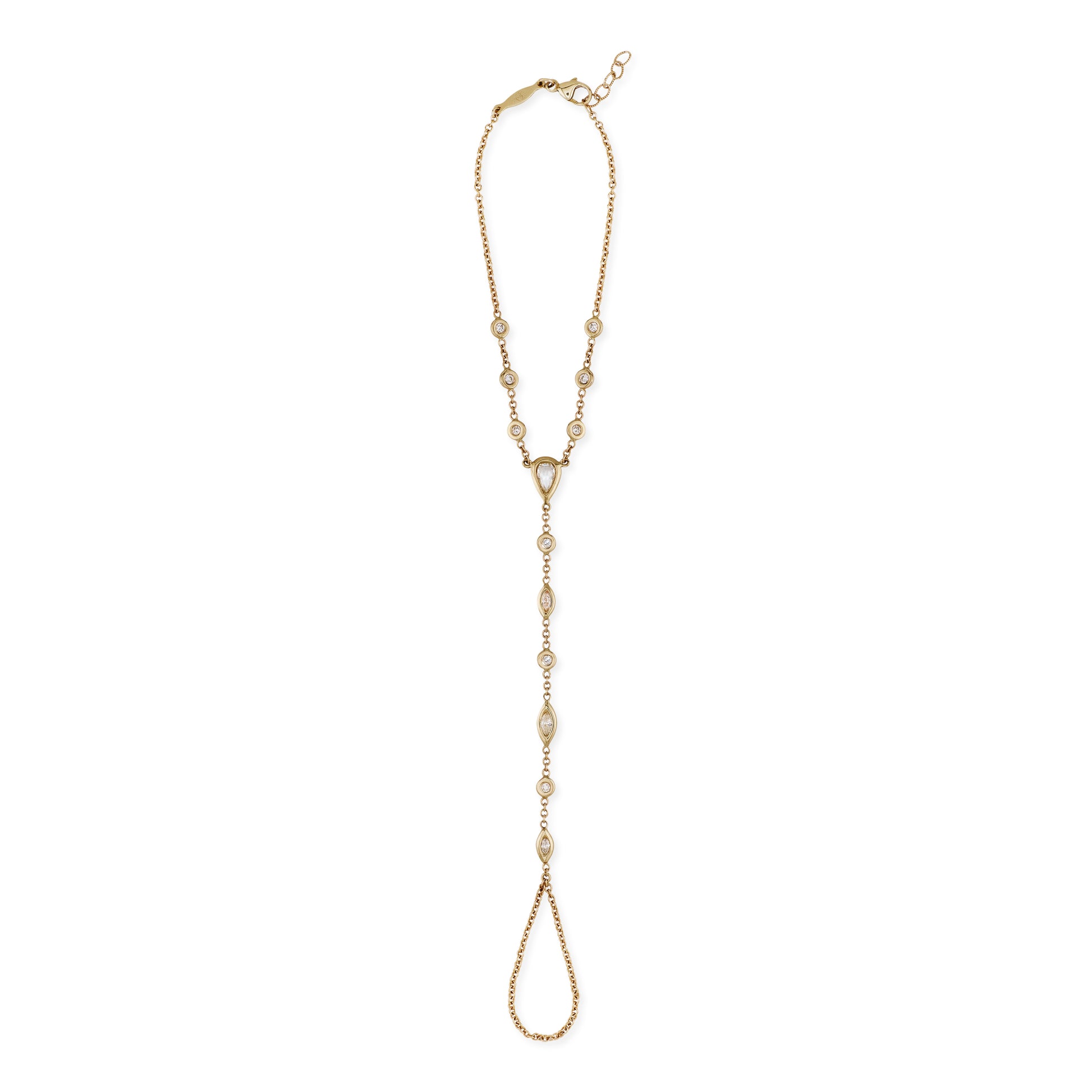 Rose Cut Teardrop Diamond Center, Round + Marquise Alternating Finger Bracelet