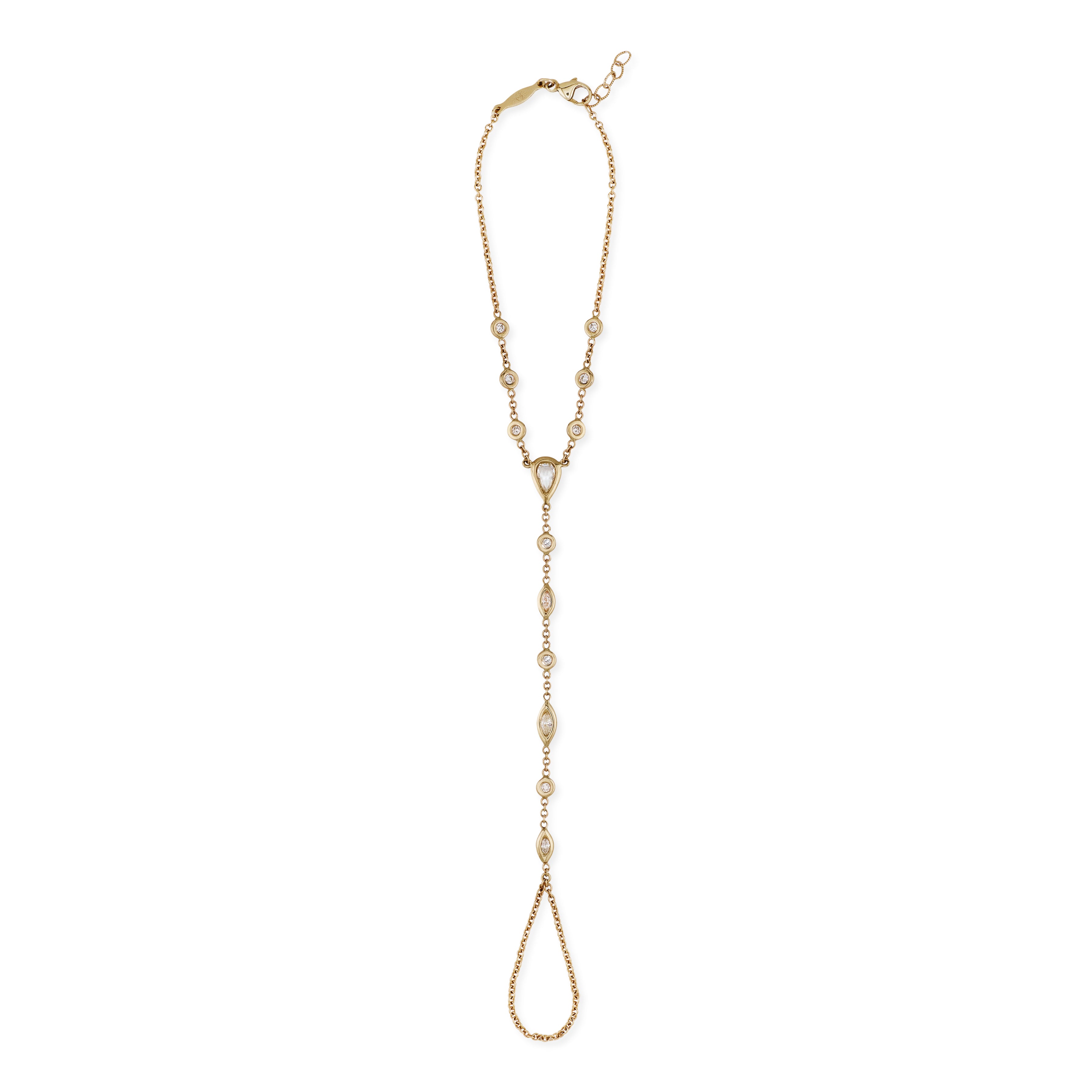 Rose Cut Teardrop Diamond Center, Round + Marquise Alternating Finger Bracelet