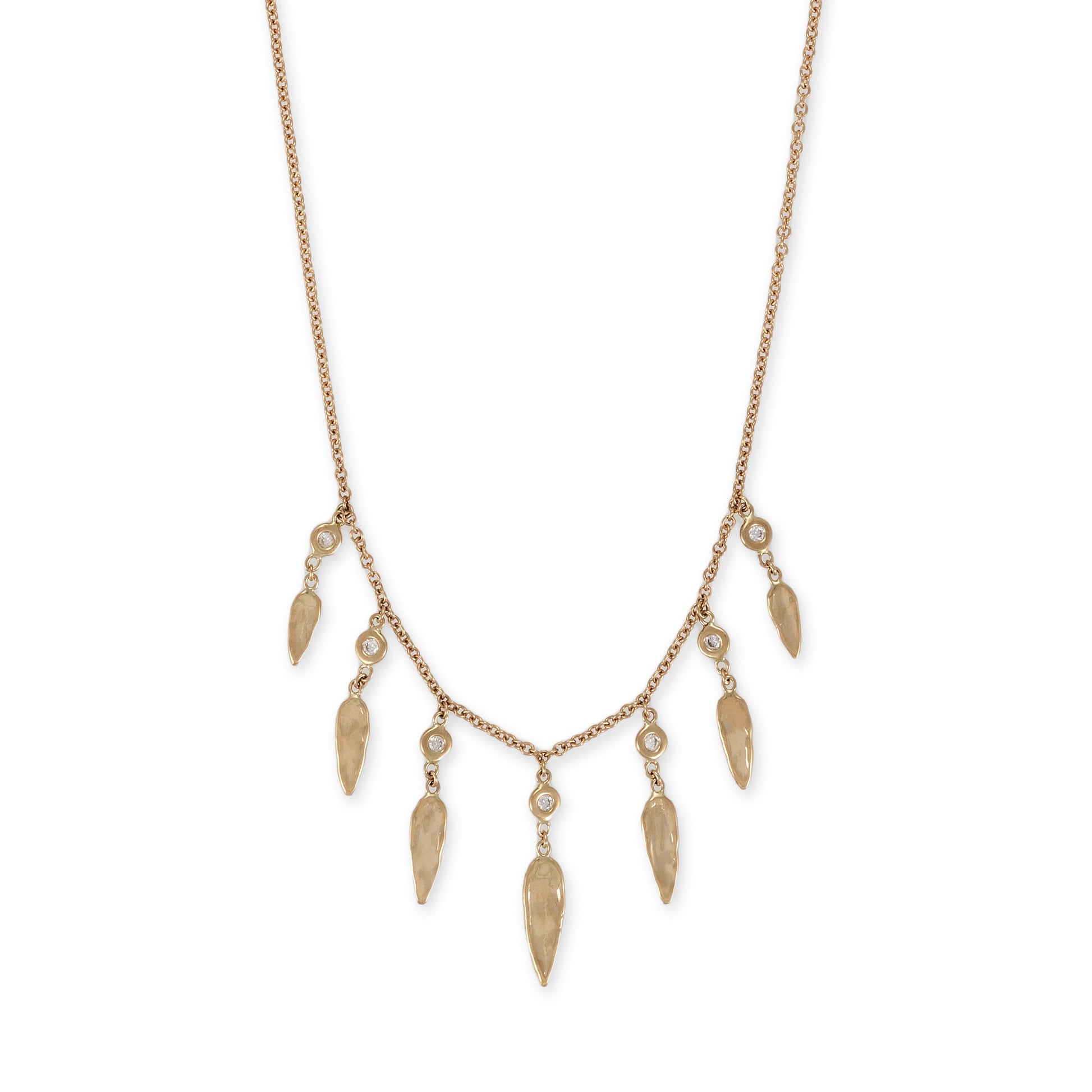 7 Graduated Hammered Elongated Teardrop + Diamond Shakers Necklace