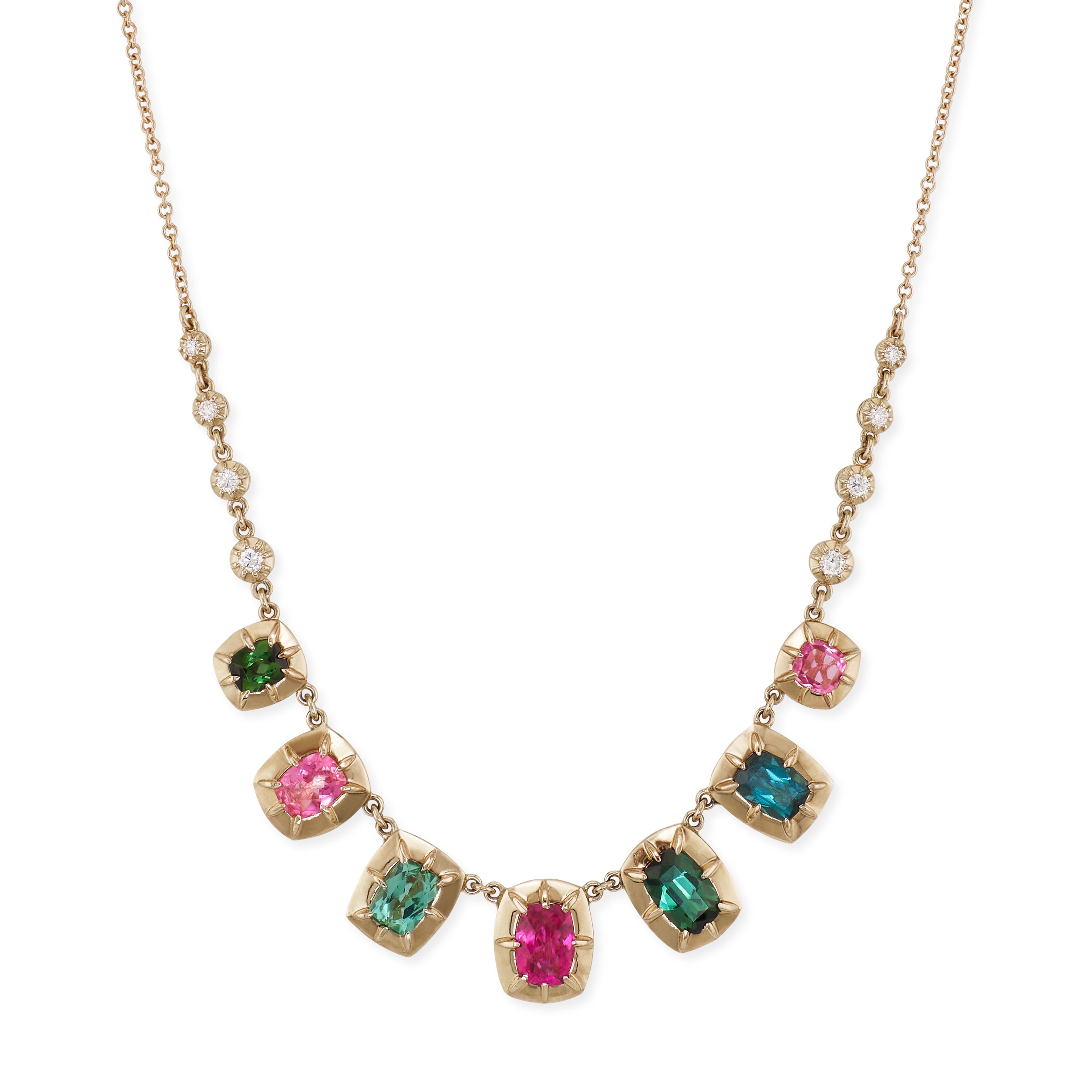 7 Assorted Tourmaline Vintage Bezel Diamond Necklace