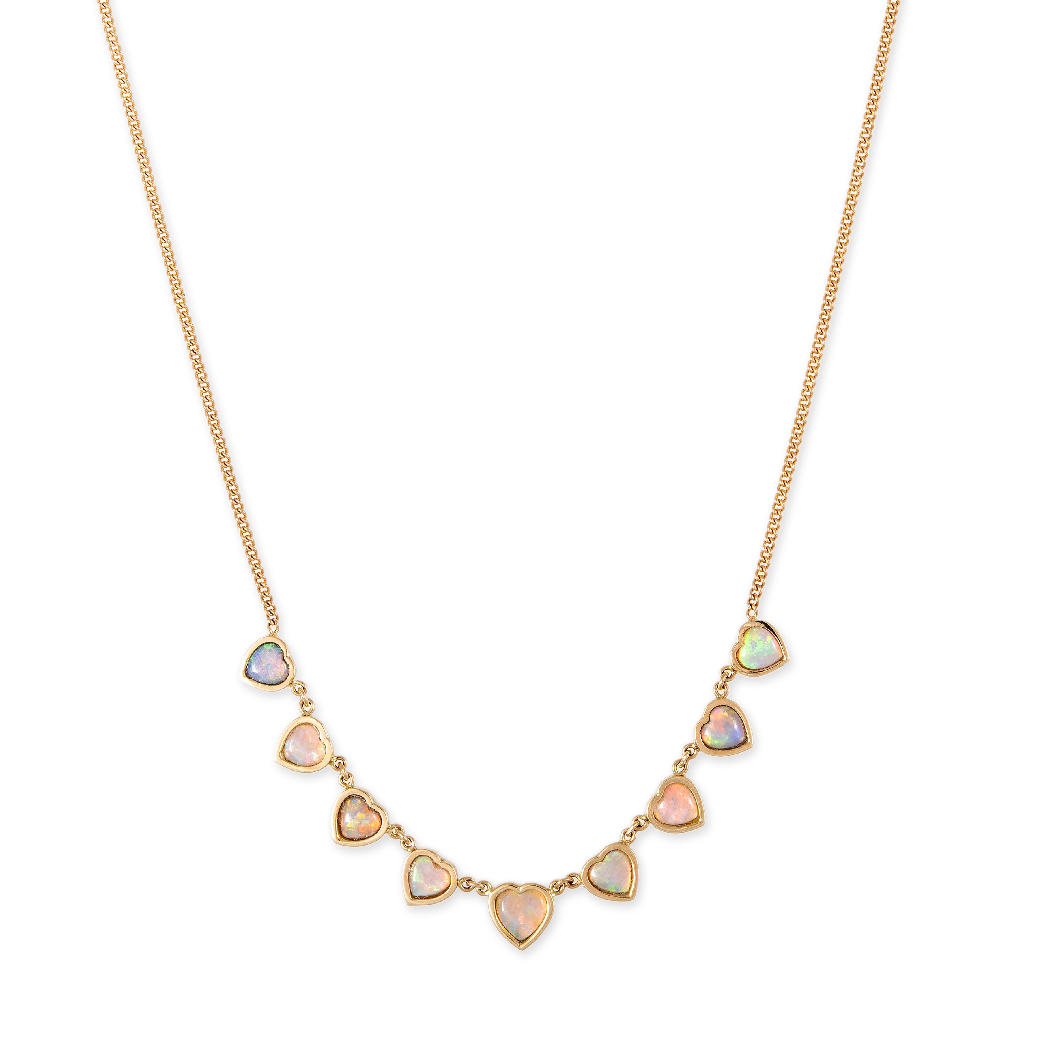 9 Graduated Opal Bezel Heart Curb Chain Necklace