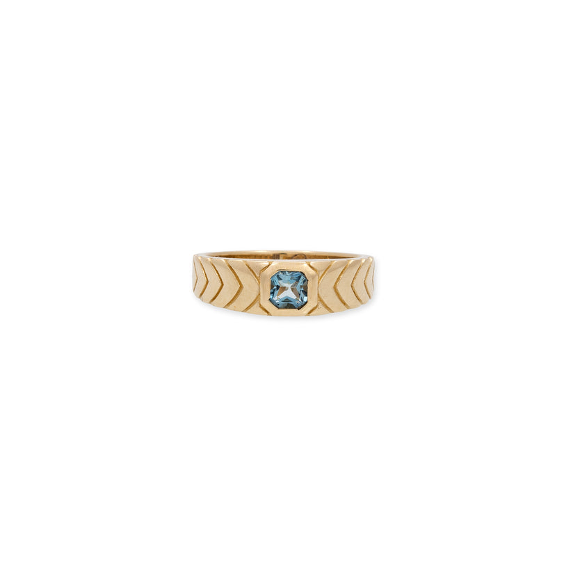 AQUAMARINE ASSCHER CENTER CHEVRON SIDES RING