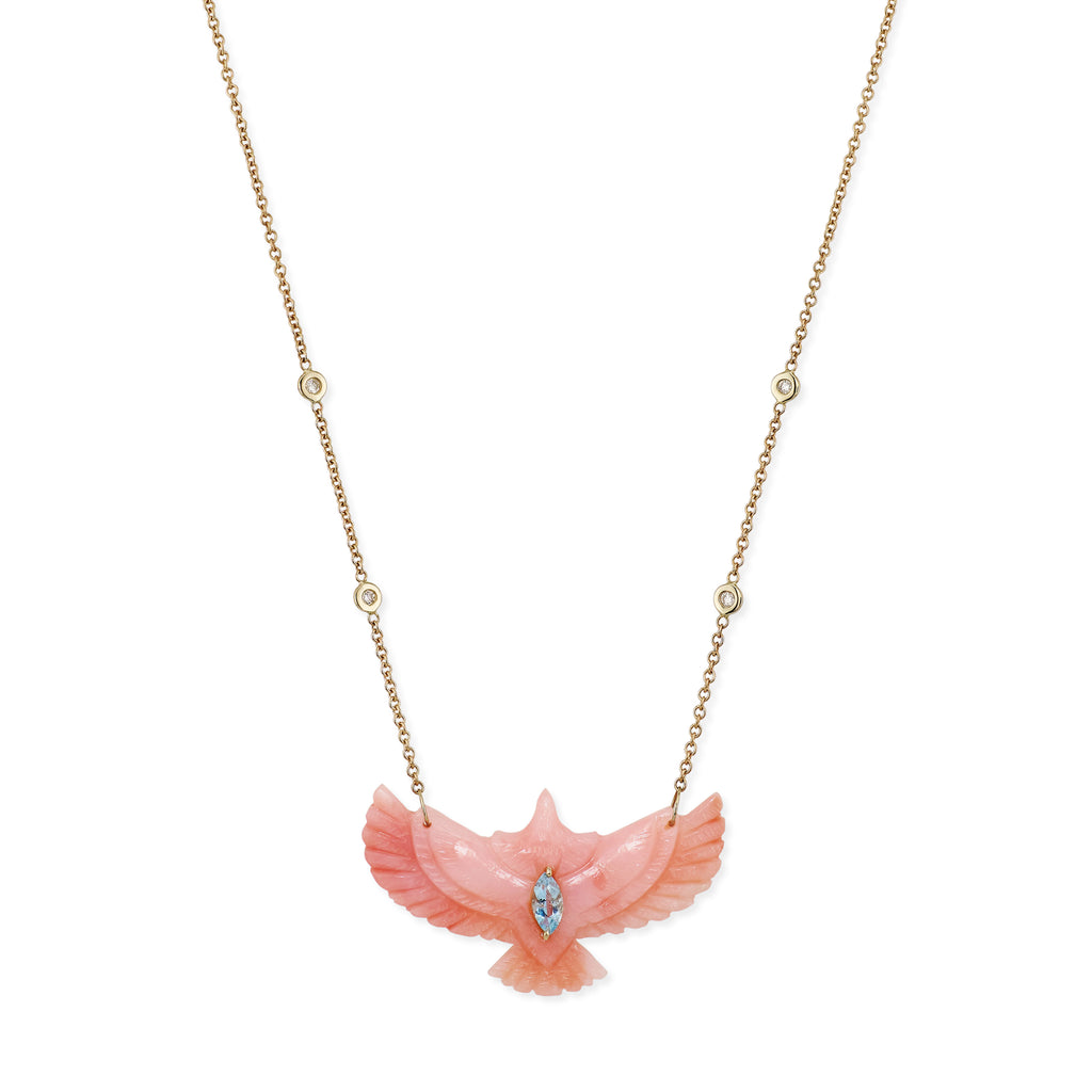 Aquamarine Marquise Pink Opal Thunderbird Diamond Necklace