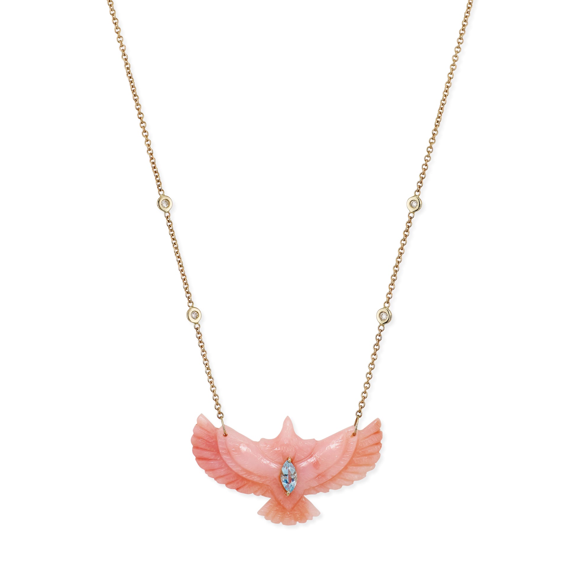 Aquamarine Marquise Pink Opal Thunderbird Diamond Necklace