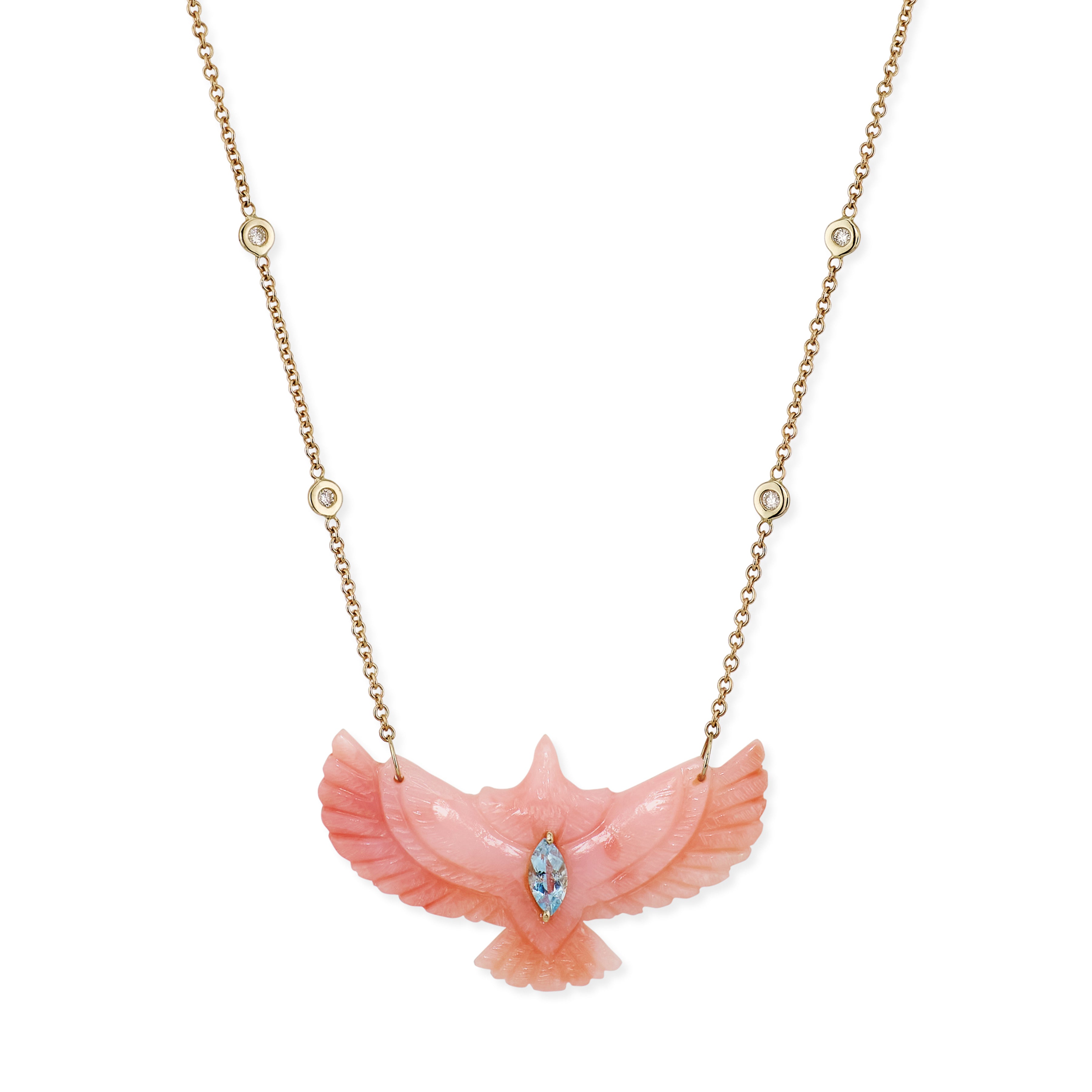 Aquamarine Marquise Pink Opal Thunderbird Diamond Necklace