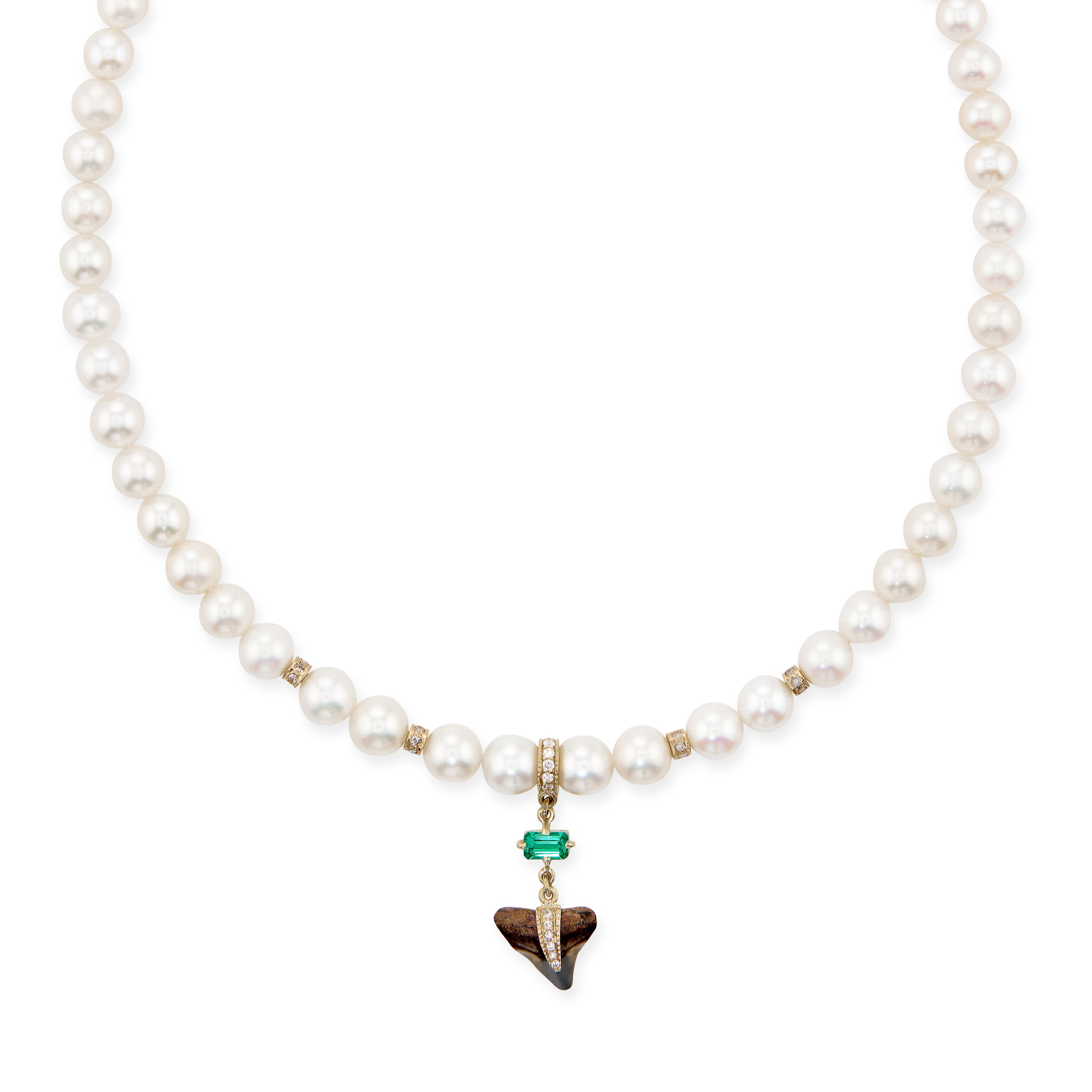 Emerald + Pave Shark Tooth Pearl Beaded Necklace