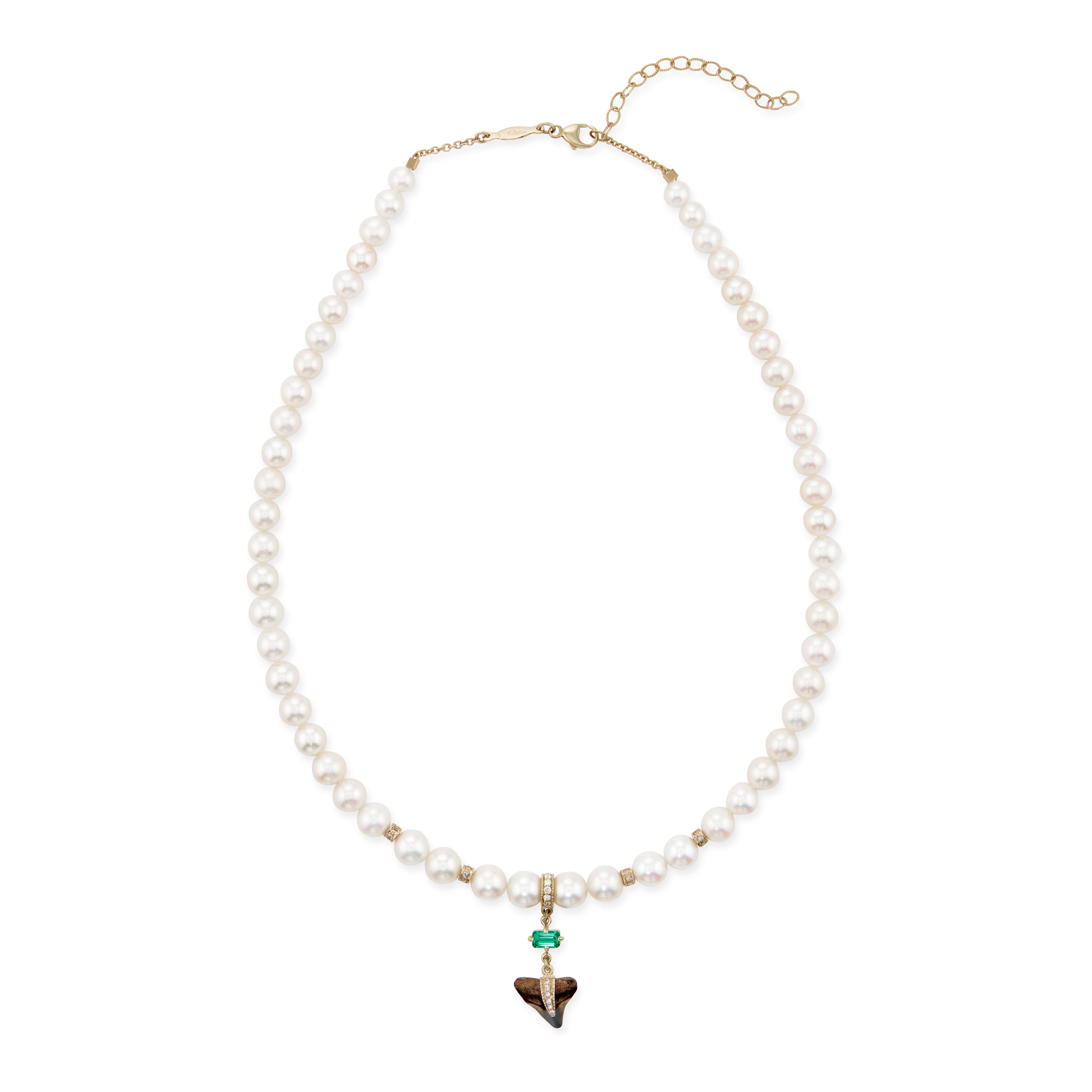 Emerald + Pave Shark Tooth Pearl Beaded Necklace