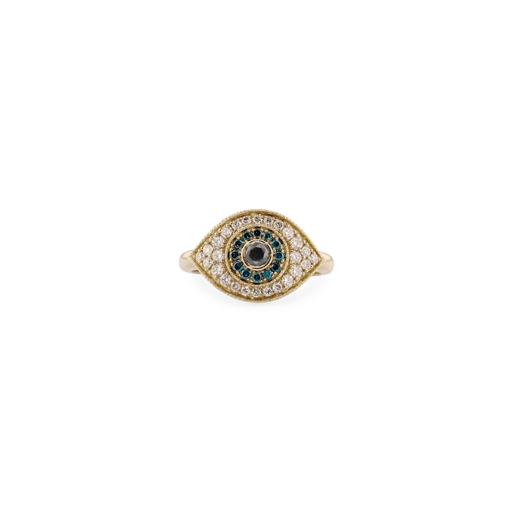 Black Diamond Center + Blue and White Pave Eye Ring