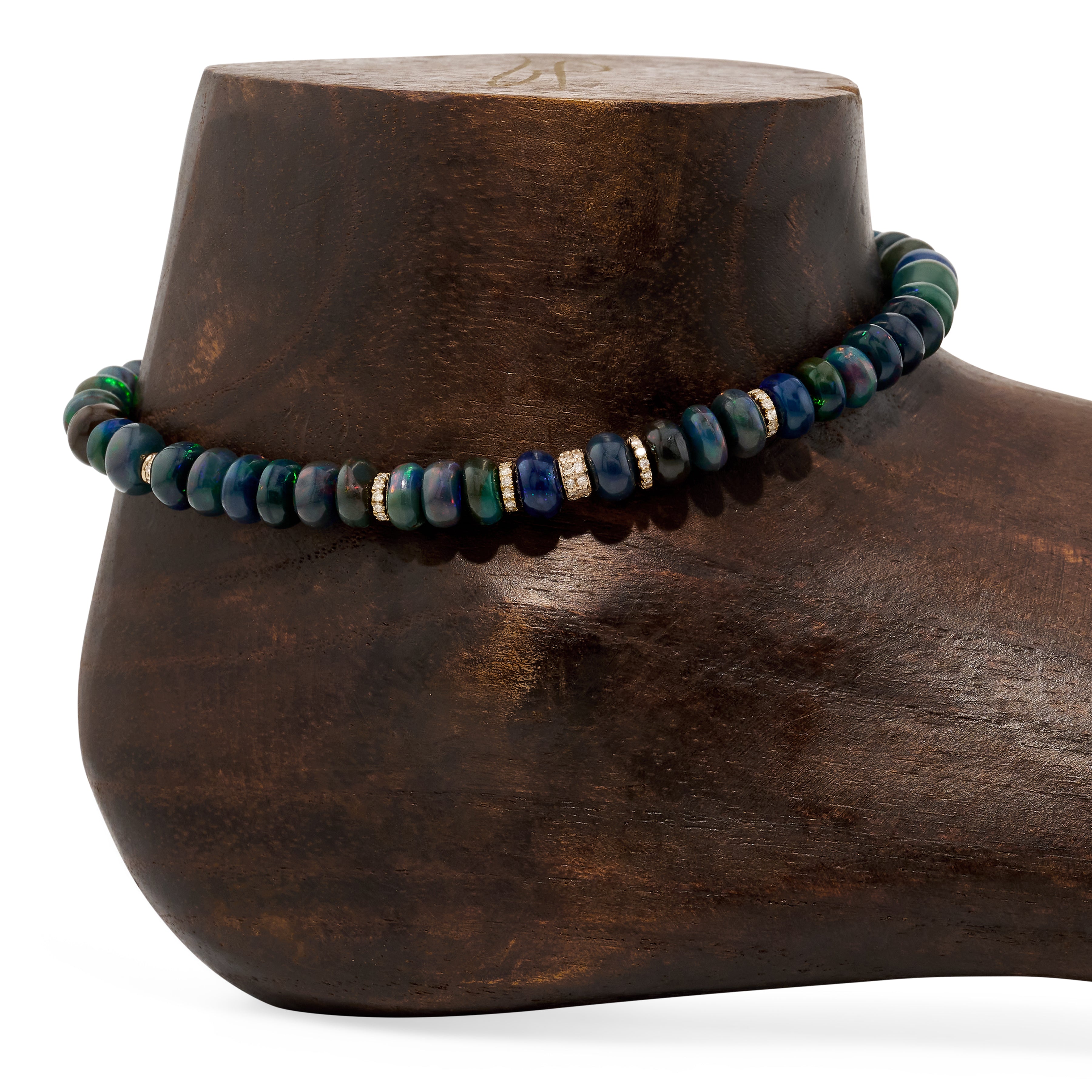 7 Pave Diamond Rondelles + Black Opal Beaded Anklet