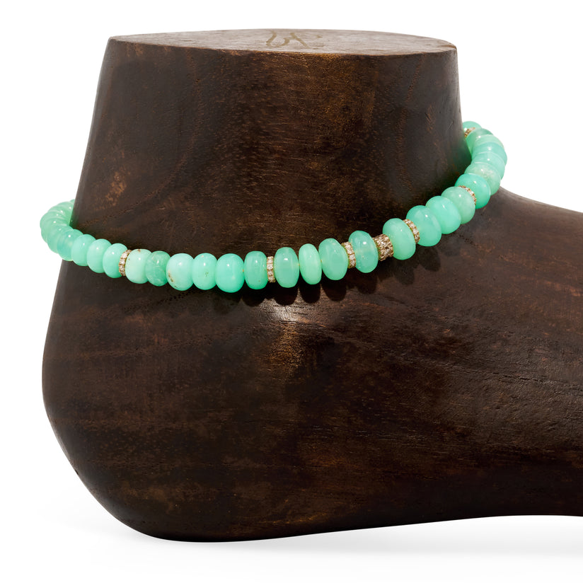 7 Pave Diamond Rondelles + Chrysoprase Beaded Anklet