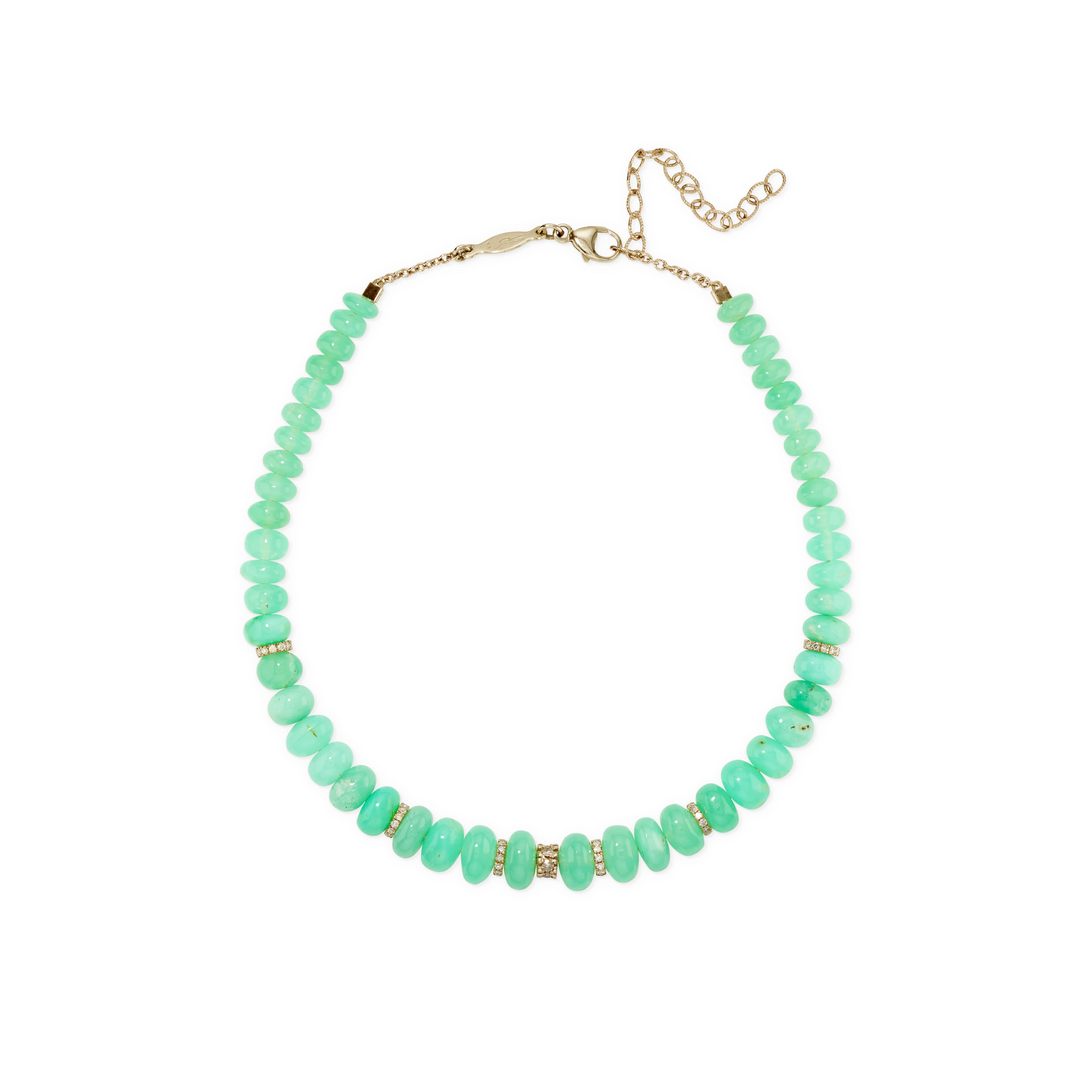 7 Pave Diamond Rondelles + Chrysoprase Beaded Anklet