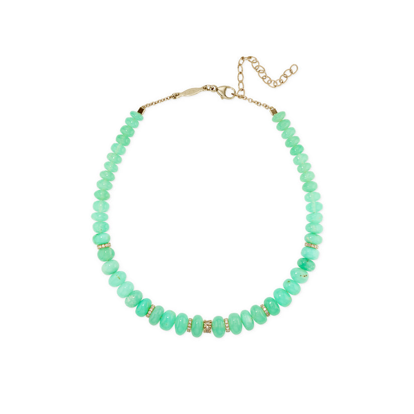 7 Pave Diamond Rondelles + Chrysoprase Beaded Anklet