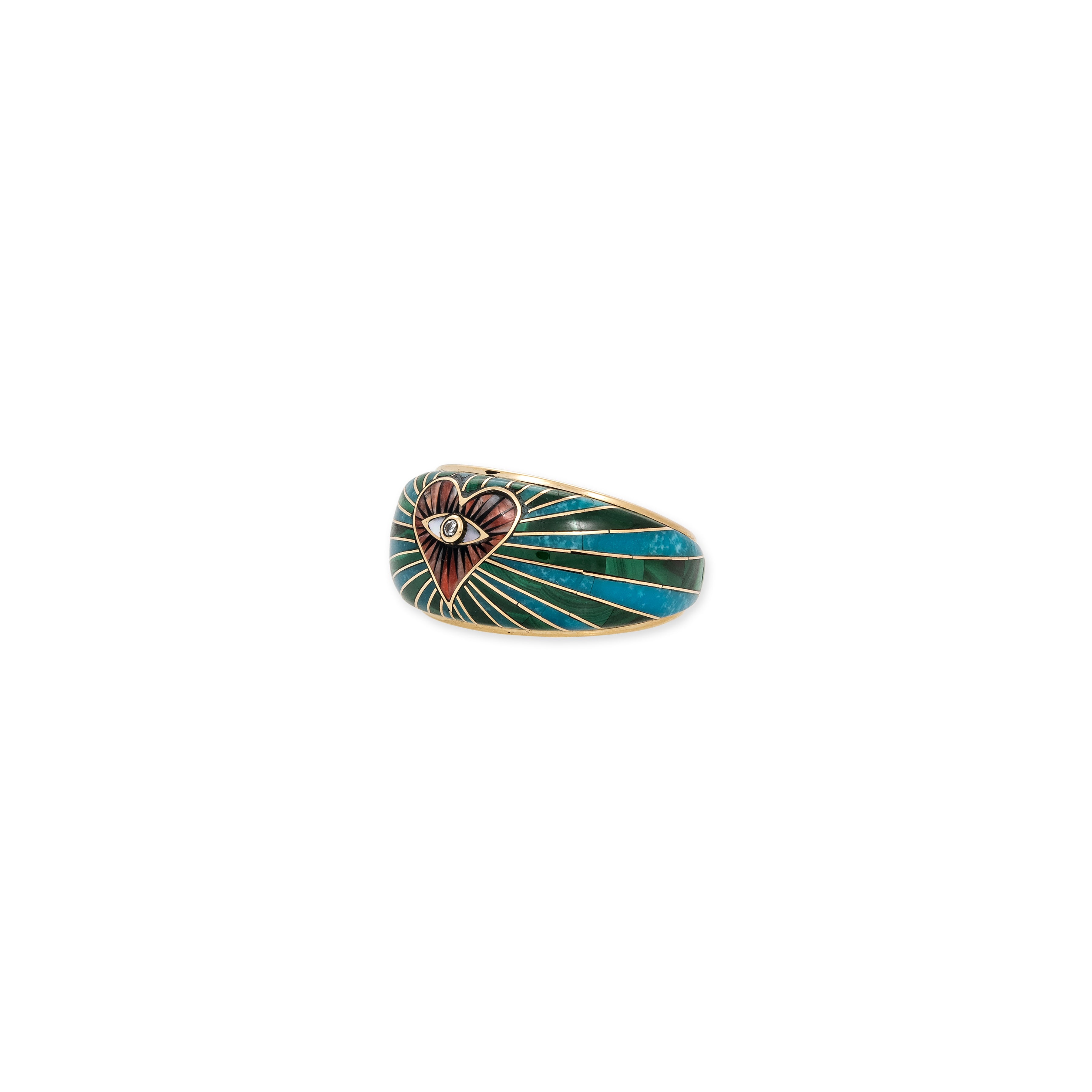 Spiny Oyster Eye Heart + Malachite Turquoise Burst Inlay Ring