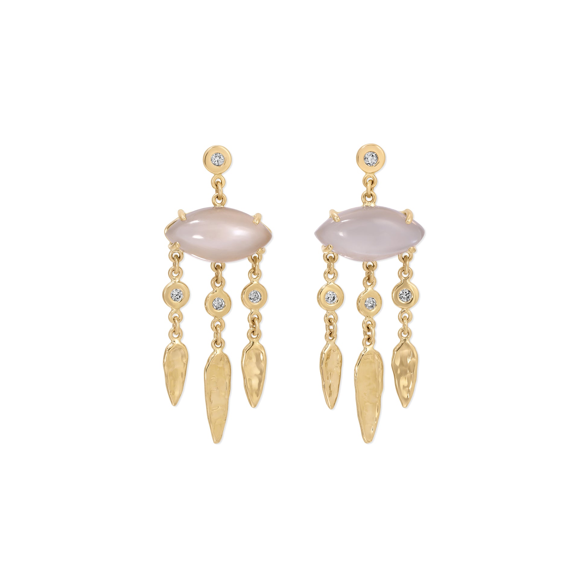 Grey Moonstone Marquise + Diamond Hammered Teardrop Chandelier Drop Stud Earrings
