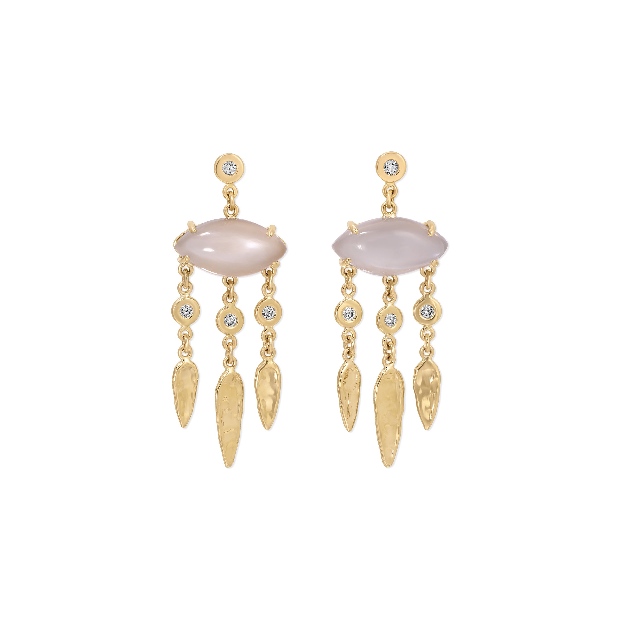 Grey Moonstone Marquise + Diamond Hammered Teardrop Chandelier Drop Stud Earrings