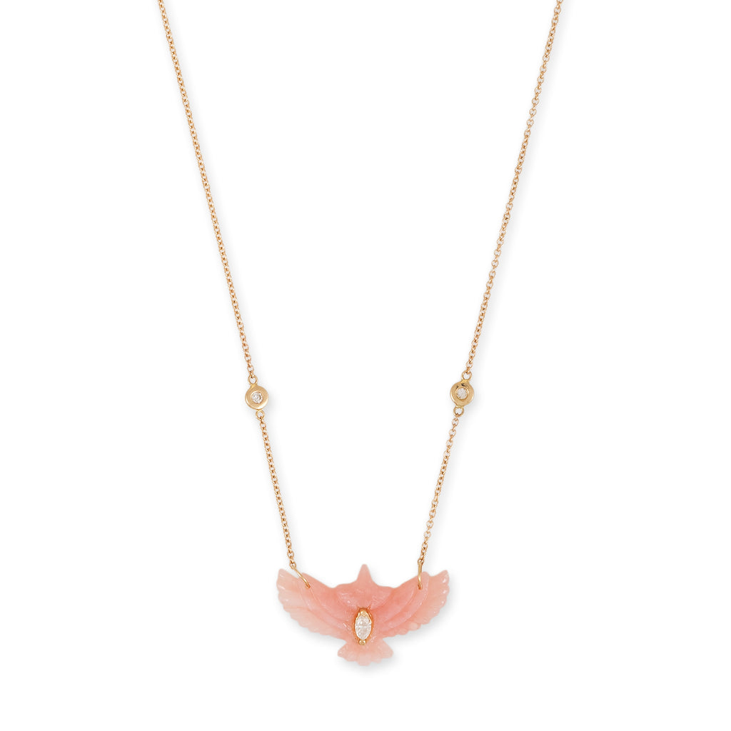 Diamond Marquise Small Pink Opal Thunderbird Diamond Necklace