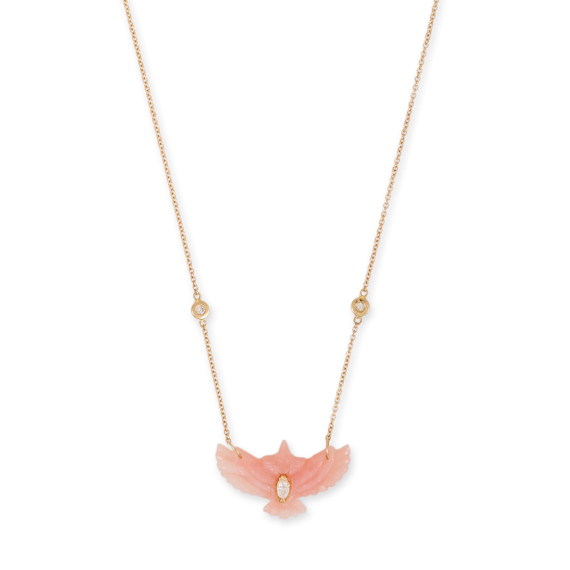 Diamond Marquise Small Pink Opal Thunderbird Diamond Necklace