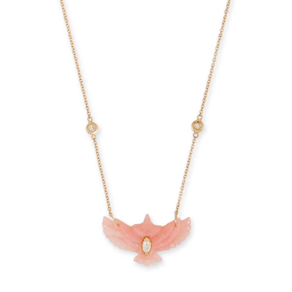 Diamond Marquise Small Pink Opal Thunderbird Diamond Necklace