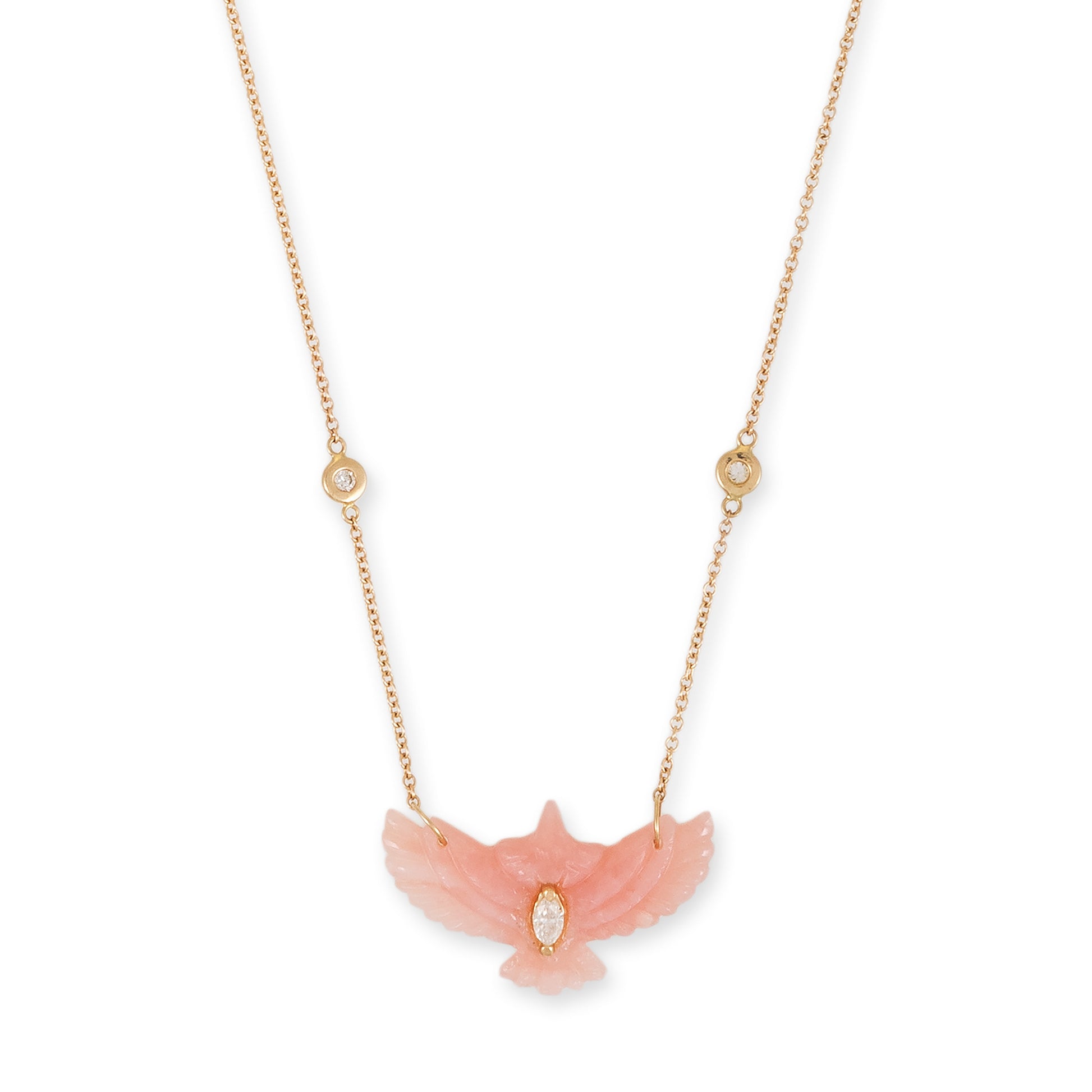 Diamond Marquise Small Pink Opal Thunderbird Diamond Necklace