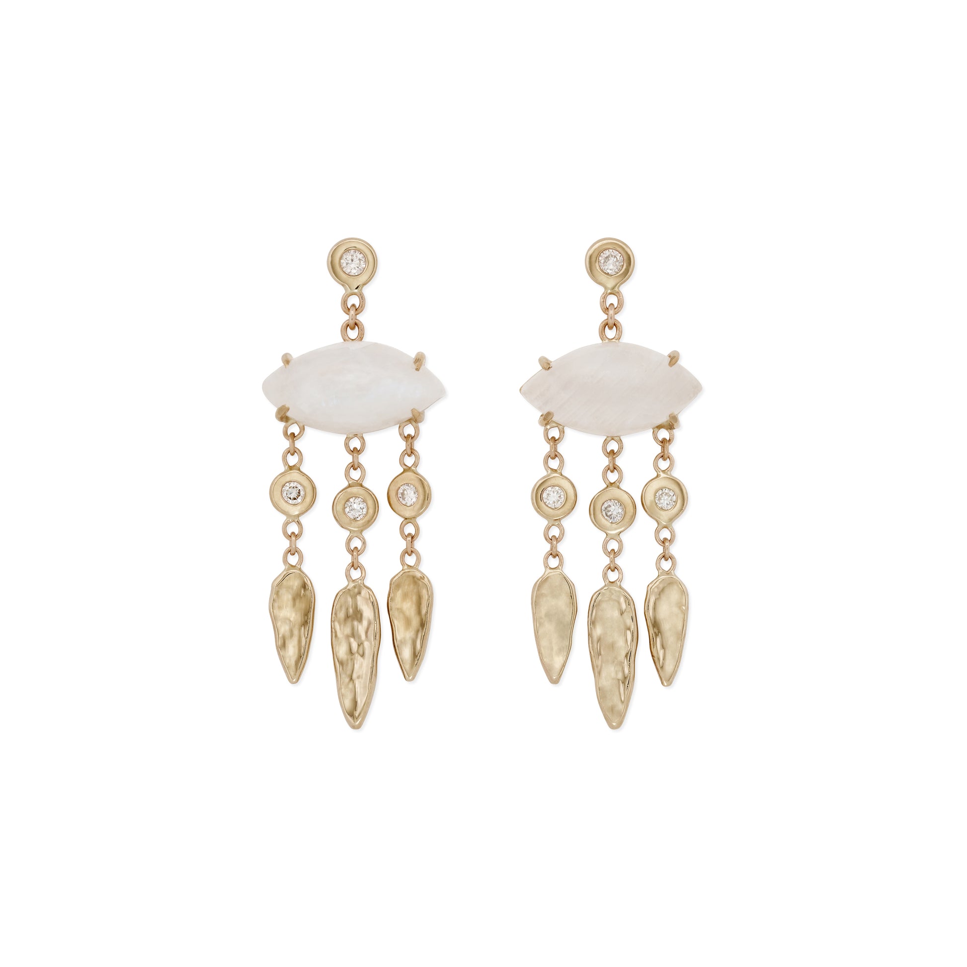 Moonstone Marquise + Diamond Hammered Teardrop Chandelier Drop Stud Earrings
