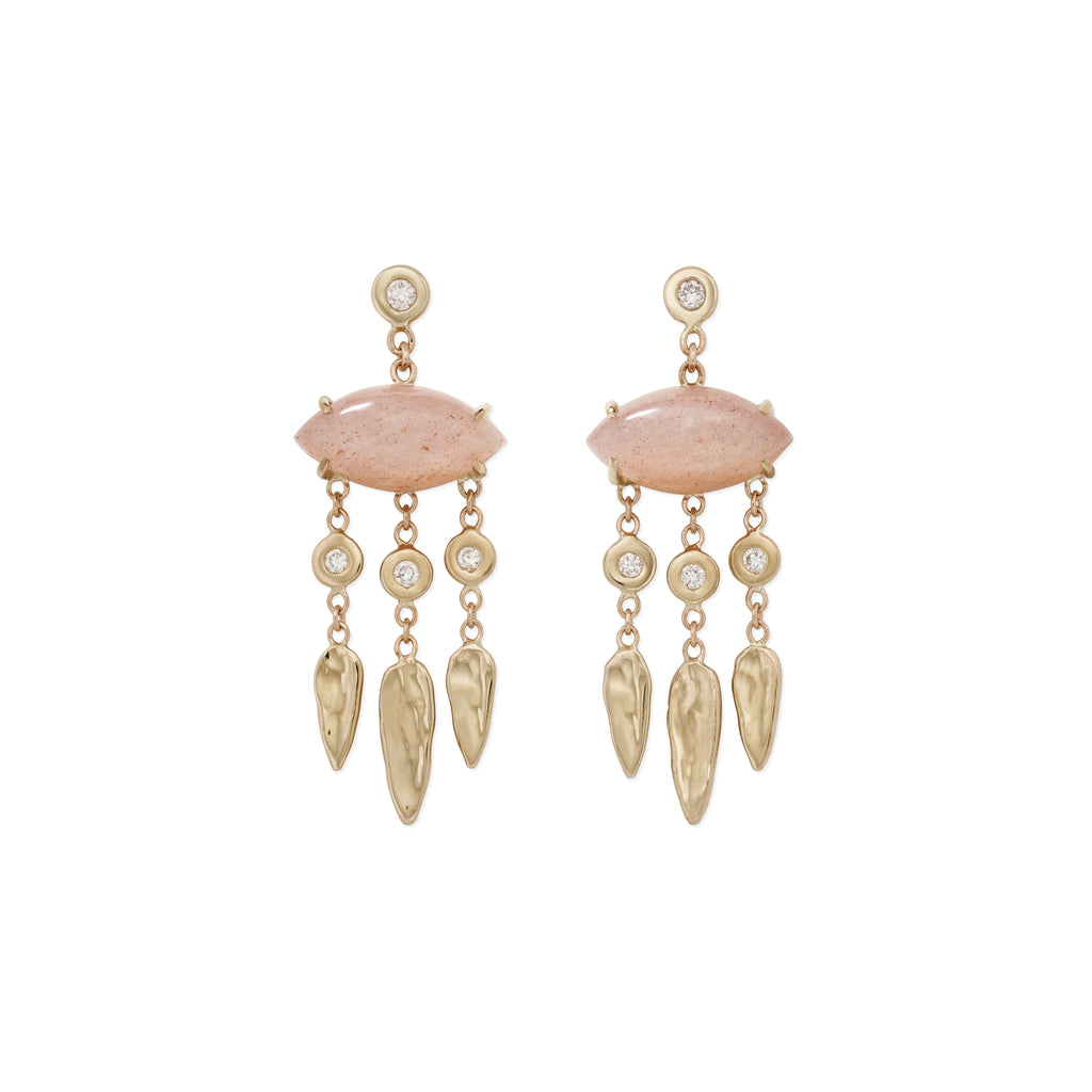 Peach Moonstone Marquise + Diamond Hammered Teardrop Chandelier Drop Stud Earrings