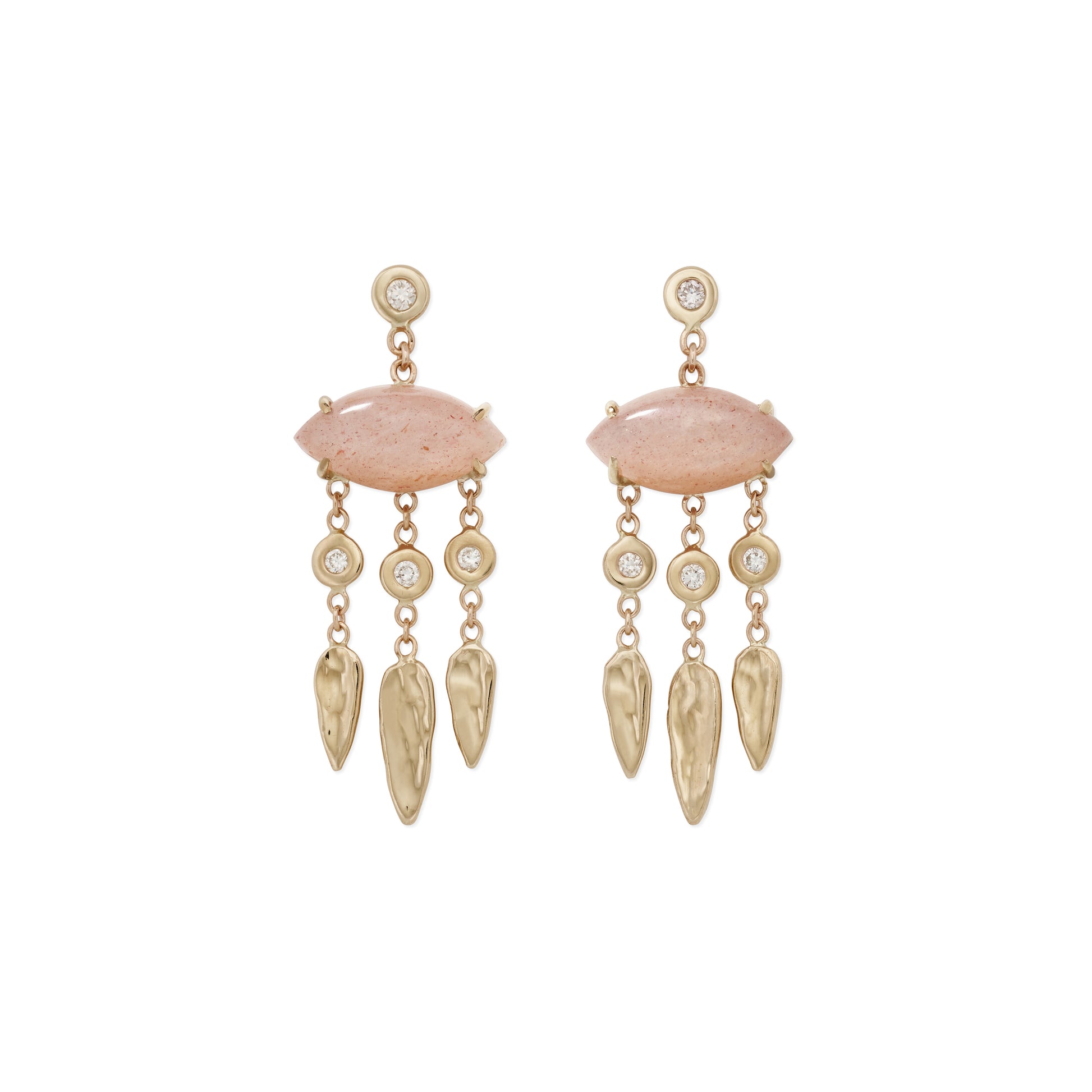 Peach Moonstone Marquise + Diamond Hammered Teardrop Chandelier Drop Stud Earrings