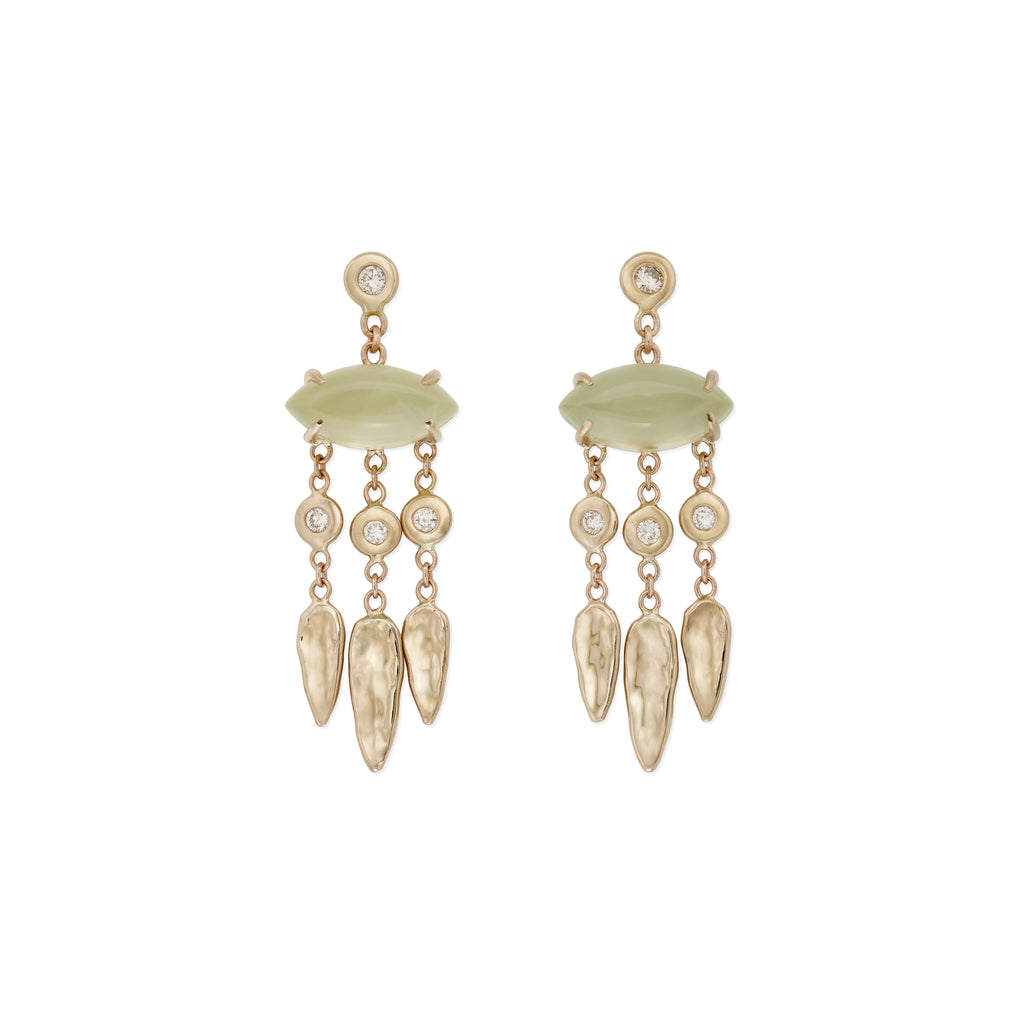 Prehnite Marquise + Diamond Hammered Teardrop Chandelier Drop Stud Earrings