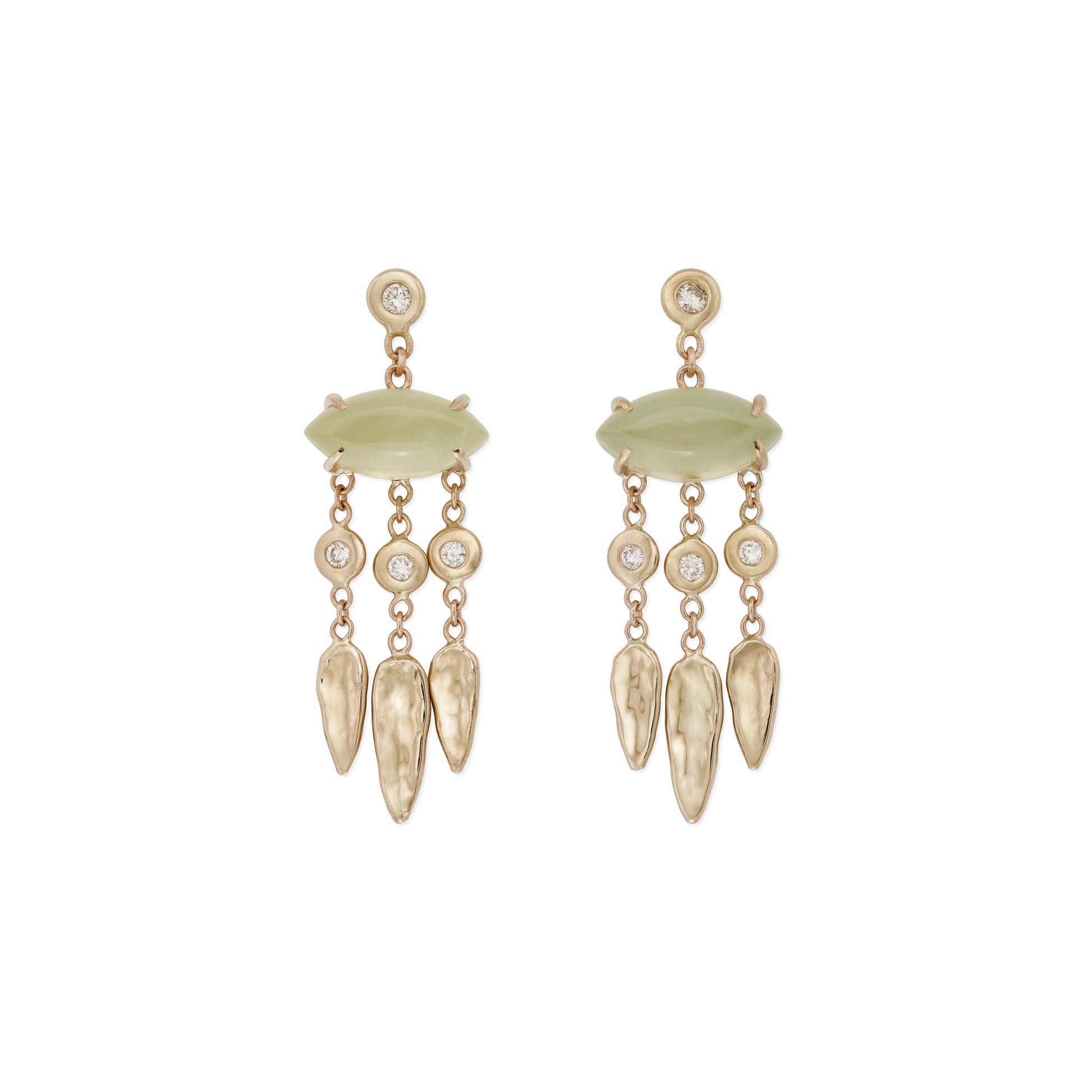 Prehnite Marquise + Diamond Hammered Teardrop Chandelier Drop Stud Earrings