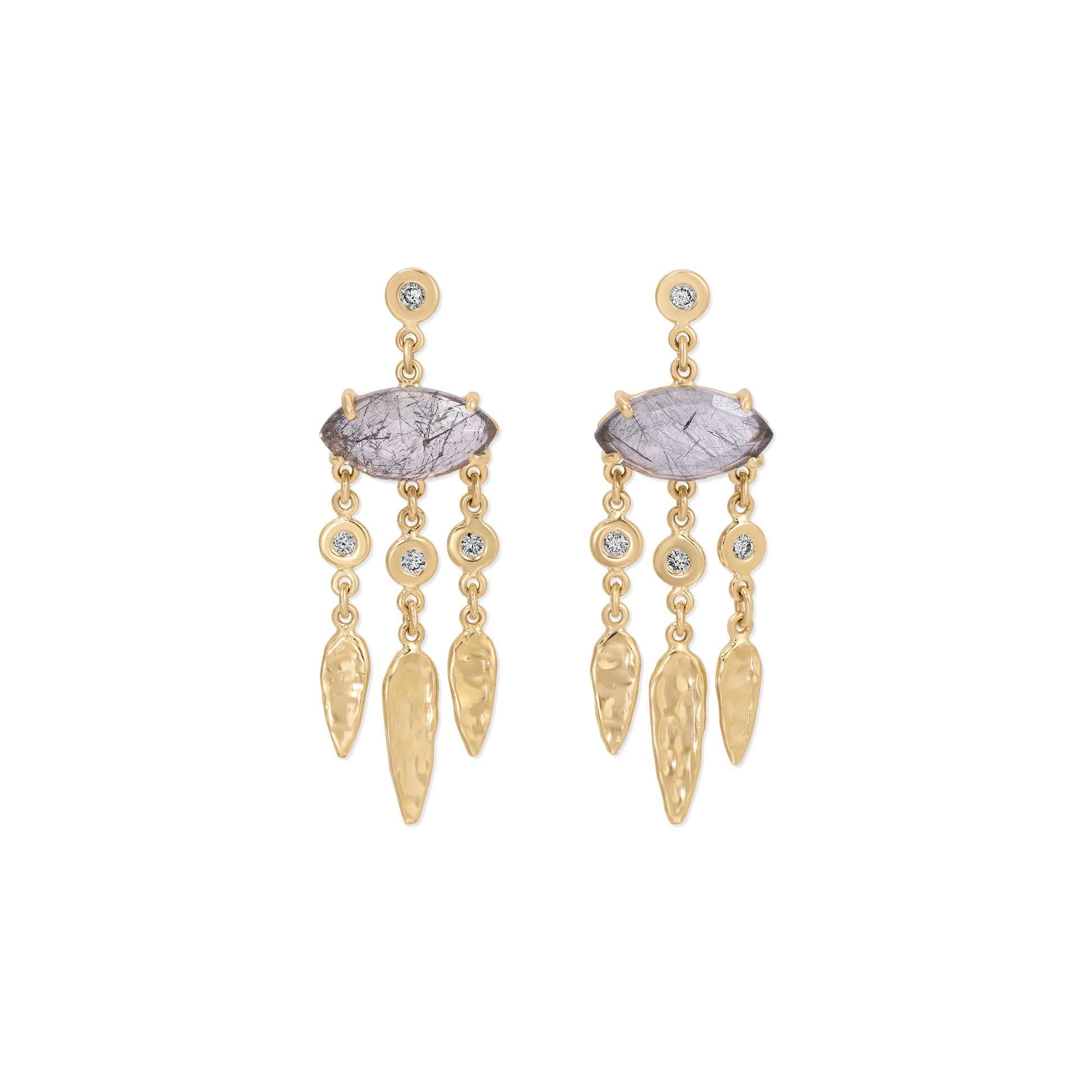 Tourmalinated Quartz Marquise + Diamond Hammered Teardrop Chandelier Drop Stud Earrings