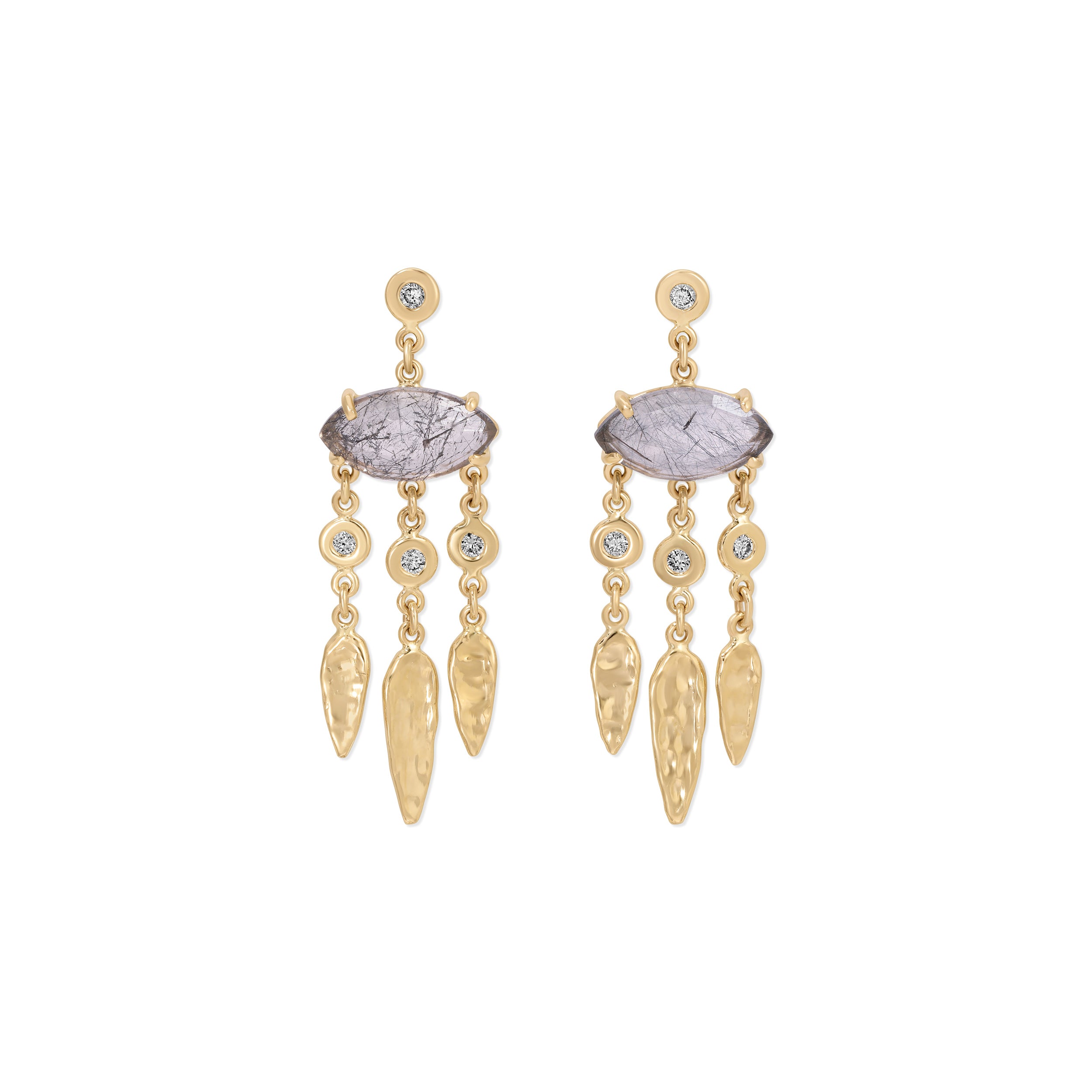 Tourmalinated Quartz Marquise + Diamond Hammered Teardrop Chandelier Drop Stud Earrings
