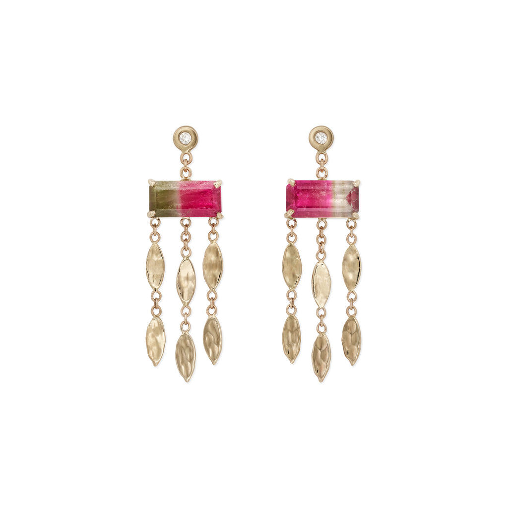 Watermelon Tourmaline Baguette + Hammered Marquise Chandelier Drop Stud Earrings