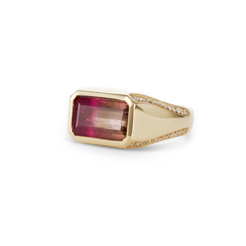 HOT PINK OMBRE TOURMALINE BAGUETTE + 4 CORNERS PAVE RING
