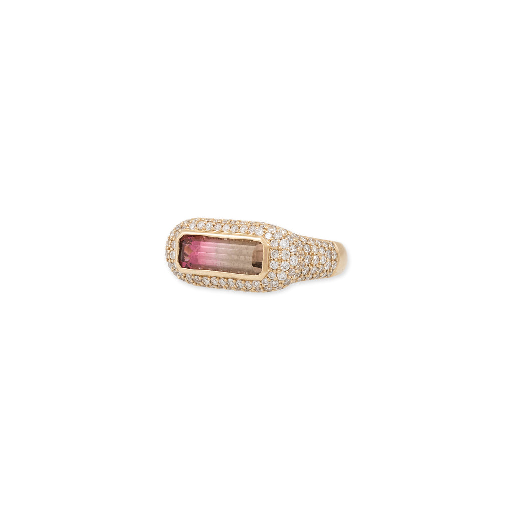 Watermelon Tourmaline Elongated Baguette Pave Ring